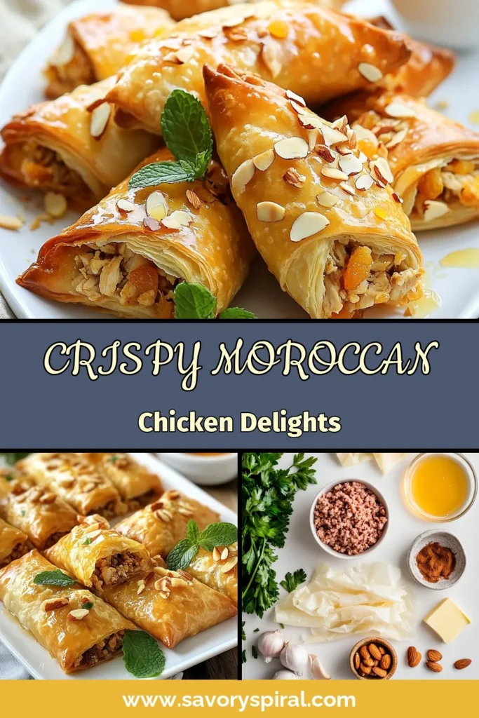 Indulge in Crispy Moroccan Chicken Briouats, a delightful blend of ground chicken, spices, and sweet apricots wrapped in flaky phyllo dough. This easy Moroccan snack is perfect for gatherings or as a tasty appetizer. Discover the magic of Moroccan chicken recipes with these delicious phyllo dough appetizers. Don't miss out—save this recipe and elevate your next meal! #MoroccanRecipes #PhylloDough #ChickenBriouats #EasySnacks