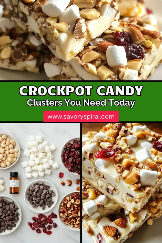 Indulge in these delightful Crockpot Candy Clusters, a perfect example of easy dessert recipes that will satisfy any sweet tooth! Combining semi-sweet, milk, and white chocolate with roasted peanuts, pecans, marshmallows, and cranberries, these homemade candy clusters are a must-try for chocolate candy recipes lovers. Using a slow cooker makes this treat simple and fun. Save this recipe now for your next gathering! #CrockpotCandyClusters #EasyDessertRecipes #HomemadeCandyClusters #SlowCookerTreats