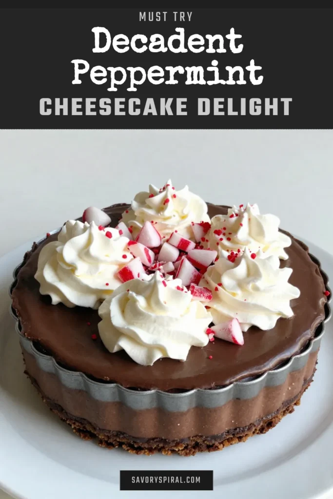 Indulge in the festive flavors of our Chocolate Peppermint Cheesecake, the perfect addition to your holiday dessert recipes! This easy no-bake cheesecake idea combines silky cream cheese with melted chocolate and a hint of peppermint, making it a must-try Christmas cheesecake recipe. Top with whipped cream and crushed peppermint for a delightful finish. Save this tasty peppermint dessert idea for your holiday celebrations! #ChocolatePeppermintCheesecake #HolidayDesserts #NoBakeCheesecake #ChristmasRecipes