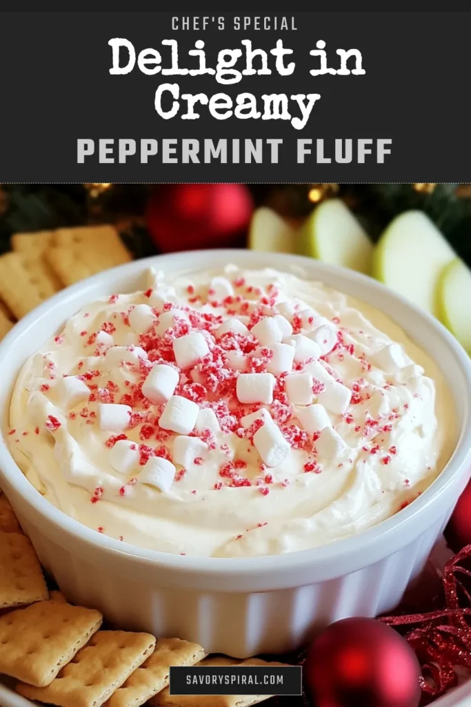 Looking for a delightful festive dessert dip recipe? Try this Christmas Peppermint Fluff Dip! This easy peppermint dessert is perfect for holiday party snacks. Made with cream cheese, whipped topping, and crushed peppermint candies, it’s sure to be a star at your gatherings. Chill for a creamy treat that everyone will love. Save this Christmas dip recipe for your next celebration! #ChristmasRecipes #HolidaySnacks #PeppermintDessert #FestiveDips