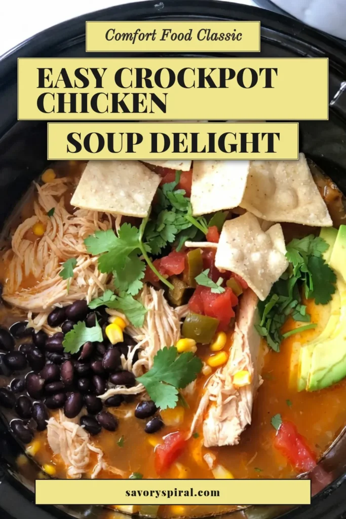 Discover the ultimate comfort with this Crockpot Chicken Tortilla Soup. This easy chicken soup recipe is perfect for busy weeknights, using a slow cooker to create a delicious tortilla soup with chicken that’s both hearty and healthy. Packed with flavors and nutritious ingredients, it’s a satisfying Mexican meal everyone will love. Try this recipe today and fill your kitchen with mouthwatering aromas! Save and share for later! #CrockpotChickenTortillaSoup #SlowCookerSoup #HealthyMexicanSoup #EasyChickenSoupRecipe