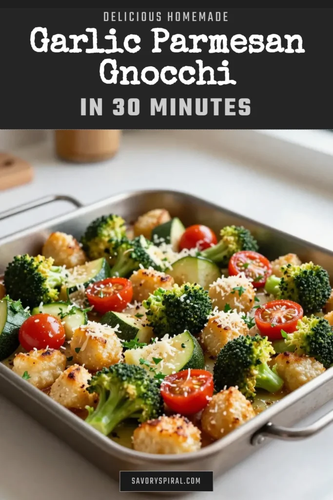 Discover the perfect weeknight meal with this sheet pan garlic parmesan gnocchi recipe. This easy vegetarian sheet pan dinner features baked gnocchi and veggies like cherry tomatoes, zucchini, bell pepper, and broccoli, all tossed in a flavorful garlic and olive oil mix. Ready in just 30 minutes, it’s a delightful Italian gnocchi dish that everyone will love. Try it tonight and elevate your dinner routine! #SheetPanGnocchi #VegetarianDinner #EasyRecipes #GnocchiLove