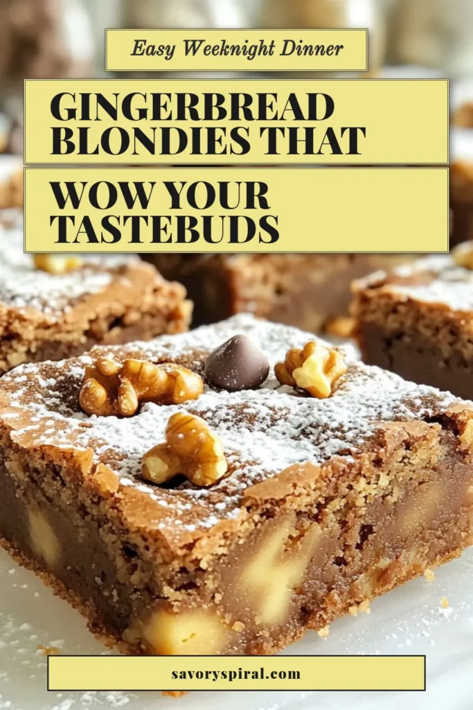 Indulge in these delicious spiced gingerbread blondies, the perfect easy blondie recipe for your holiday dessert menu! These gingerbread desserts feature warm spices and optional blondies with chocolate chips for an extra treat. With just 15 minutes of prep, you'll have a festive dessert that delights everyone. Save this recipe for your next holiday gathering and enjoy the festive flavors! #SpicedGingerbreadBlondies #HolidayDesserts #EasyBlondieRecipe #GingerbreadDesserts