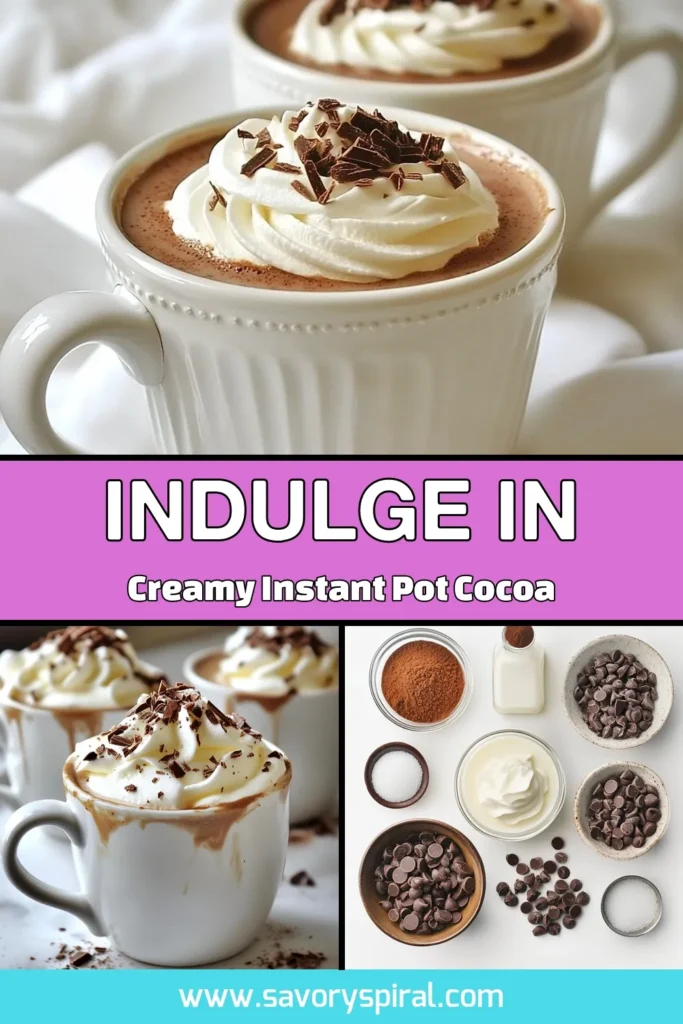 Indulge in the rich flavors of this creamy Instant Pot hot chocolate! This easy hot chocolate recipe combines milk, heavy cream, cocoa powder, and chocolate chips for the ultimate homemade hot chocolate experience. Perfect as a chocolate dessert recipe for cozy nights in, you'll love how simple it is to make. Treat yourself and your loved ones to this delightful drink! Save the recipe and try it tonight! #InstantPotHotChocolate #HomemadeHotChocolate #ChocolateDessertRecipes #EasyHotChocolateRecipe