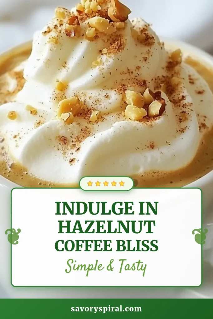 Indulge in this delicious hot hazelnut coffee recipe that's perfect for any time of the day! This easy hazelnut coffee drink blends brewed coffee with sugar-free hazelnut syrup and steamed milk, topped with whipped cream and crushed hazelnuts for a delightful twist. Discover how to make this homemade hazelnut coffee today. Click to save this recipe! #HazelnutCoffee #CoffeeLovers #HomemadeCoffee #CoffeeRecipe
