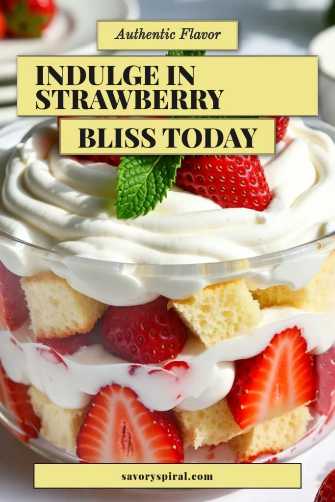 Indulge in this deliciously simple Strawberry Shortcake Trifle recipe that features layers of fresh strawberries, sponge cake, and fluffy whipped cream. This easy trifle dessert is perfect for any occasion and requires no baking, making it a convenient fresh strawberries dessert! Impress your guests with this delightful no-bake strawberry trifle topped with mint. Save this whipped cream trifle recipe for your next event! #StrawberryShortcake #TrifleDessert #NoBakeDessert #FreshStrawberries