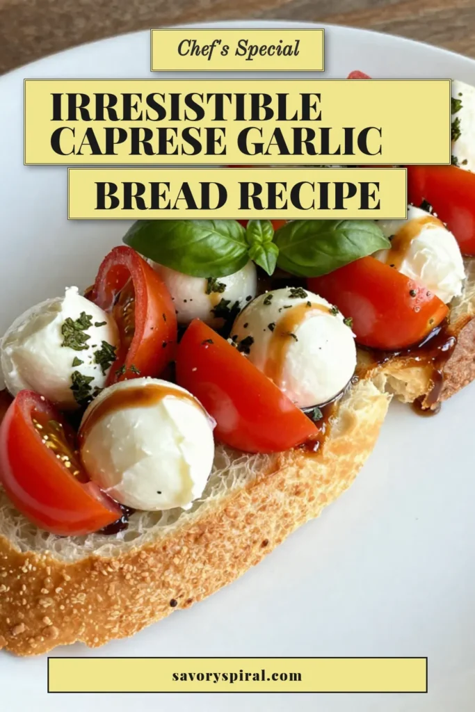 Indulge in this delicious Caprese garlic bread recipe that's perfect for easy garlic bread appetizers! Enjoy the harmonious blend of fresh mozzarella, ripe tomatoes, and aromatic garlic, all atop baked caprese bread. With fresh basil garlic bread, you'll impress your guests. Ideal for gatherings or a cozy night in. Try this mozzarella tomato garlic bread today and elevate your appetizer game! Save this recipe for later! #CapreseGarlicBread #EasyAppetizers #BakedCapreseBread #GarlicBreadRecipes