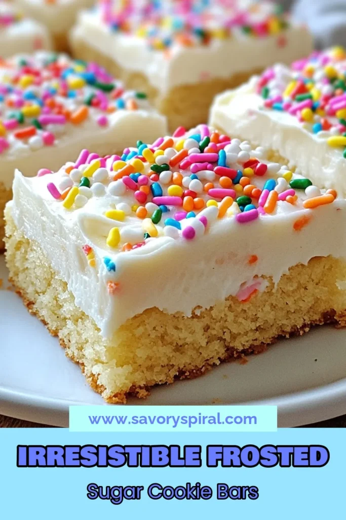 Satisfy your sweet tooth with these frosted sugar cookie bars! This easy sugar cookie recipe combines a soft, chewy base topped with creamy frosting and colorful sprinkles, making it the perfect colorful sprinkle dessert for any occasion. Try these almond extract cookie bars for a delightful twist. Bake a batch today and indulge in cookie bars with frosting that everyone will love! Save this recipe for your next baking adventure! #FrostedSugarCookieBars #EasySugarCookieRecipe #CookieBarsWithFrosting #ColorfulSprinkleDessert
