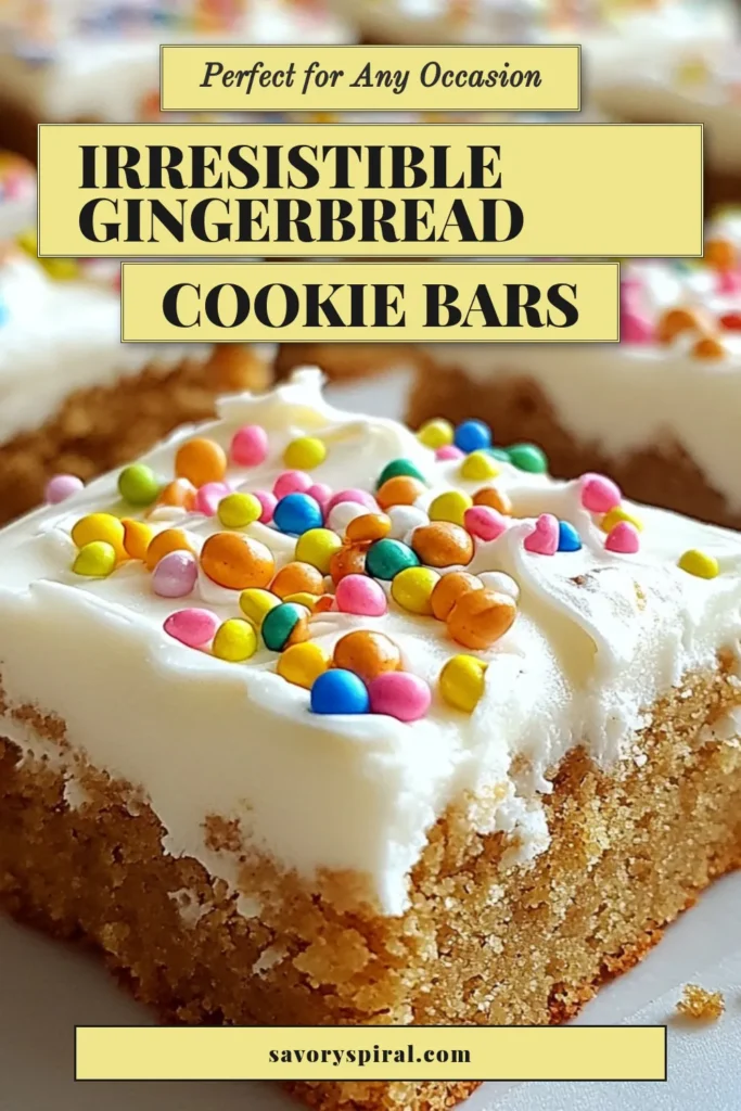 Indulge in the holiday spirit with these easy gingerbread cookie bars! This festive cookie bars recipe combines spiced goodness with a creamy frosting, making it the perfect holiday dessert bars to share with friends and family. Easy to make and absolutely delicious, these gingerbread recipes are a must-try this season. Pin now for a delightful treat that everyone will love! #GingerbreadCookieBars #HolidayDesserts #EasyGingerbreadRecipe #FestiveCookieBars
