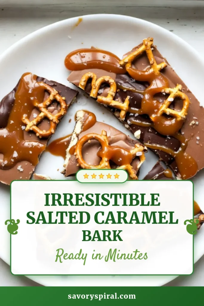 Indulge in the irresistible goodness of salted caramel pretzel bark! This easy dessert recipe combines crunchy pretzels, rich chocolate, and sweet caramel for the ultimate chocolate pretzel treat. Perfect for homemade candy bark lovers, this no-bake sweet snack is quick to prepare and great for sharing. Try this delectable treat today and satisfy your cravings! Save for later! #SaltedCaramelPretzelBark #EasyDessertRecipes #HomemadeCandyBark #NoBakeSnacks