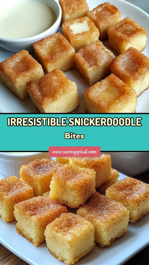 Indulge in these irresistible Snickerdoodle Blondie Bites! This easy Snickerdoodle dessert pairs warm cinnamon sugar flavors with rich white chocolate blondies for a delicious treat. Perfect for parties or a sweet snack, this Blondie Bites recipe is sure to be a hit. Try these Cinnamon Sugar Treats today and impress everyone with your baking skills! Save this recipe and bring warmth to your kitchen. #SnickerdoodleBlondies #BlondieBitesRecipe #CinnamonSugarTreats #WhiteChocolateBlondies