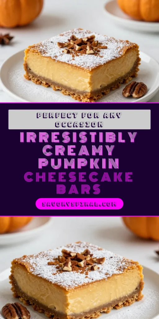 Indulge in the flavors of autumn with these pumpkin spice cheesecake bars! This easy cheesecake recipe features a delicious graham cracker crust, creamy pumpkin filling, and warm spices that make it the perfect fall dessert. Whether for a party or a cozy night in, these pumpkin cheesecake bars are sure to impress. Save this recipe for your next gathering! #PumpkinSpice #CheesecakeBars #FallDesserts #PumpkinRecipe