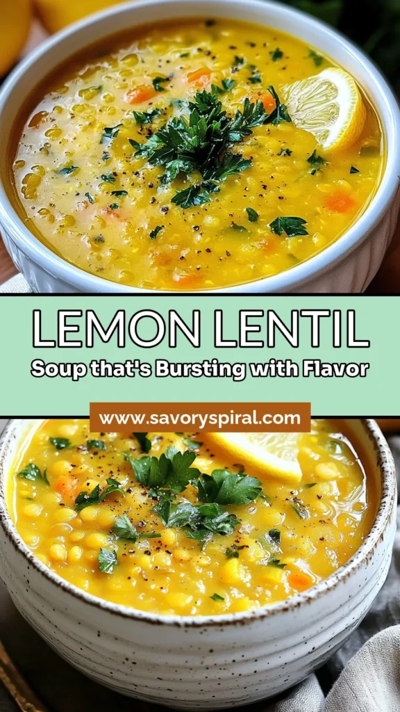 Discover the delight of this Golden Lemon Lentil Soup, a perfect Vegan Lentil Soup Recipe that's both healthy and satisfying. Packed with nutritious ingredients, this Turmeric Lentil Soup offers a vibrant flavor and is ideal for a Quick Lentil Soup Dinner. Get ready to impress your family with a dish that's not only delicious but also nourishing. Give it a try and save this recipe for later! #LemonLentilSoup #VeganRecipes #HealthyEating #SoupSeason