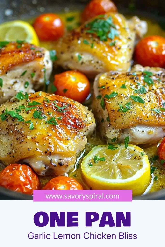 Enjoy a delicious and hassle-free dinner with this one-pan lemon garlic chicken recipe! This baked chicken thighs recipe features juicy chicken thighs seared to perfection and infused with garlic, lemon zest, and vibrant cherry tomatoes. Perfect for an easy chicken thigh dinner, this lemon garlic chicken thighs dish is sure to impress. Try this garlic chicken skillet recipe tonight and make sure to save it for later! #OnePanChicken #EasyDinner #ChickenThighs #LemonGarlicChicken