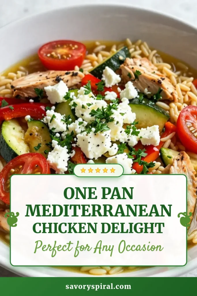 Discover the deliciousness of this One-Pan Mediterranean Chicken Orzo! This easy orzo pasta dish combines tender chicken, fresh veggies, and zesty flavors for a healthy Mediterranean recipe your family will love. Perfect for a quick weeknight meal, this one-pan chicken recipe is both nutritious and satisfying. Try it for dinner tonight and savor the taste of the Mediterranean! Save this recipe for later! #MediterraneanChickenOrzo #OnePanChickenRecipe #ZestyChickenDinner #HealthyMediterraneanRecipe