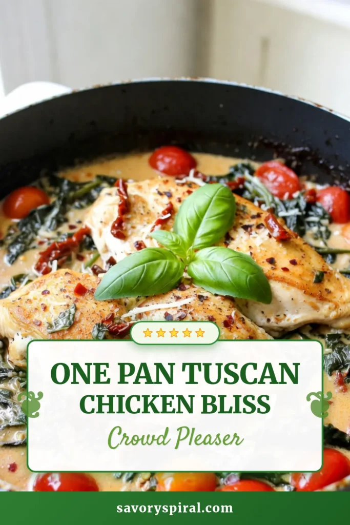 Discover this delectable Tuscan chicken recipe that transforms a simple one-pan chicken dinner into a creamy, flavorful delight. Perfect for busy weeknights, this easy chicken recipe features tender chicken breasts, fresh spinach, and juicy tomatoes in a rich sauce. Enjoy a healthy chicken skillet meal that's ready in just 30 minutes. Try it tonight and elevate your dinner game! Save this recipe now! #TuscanChicken #EasyChickenRecipes #OnePanDinner #HealthyMeals