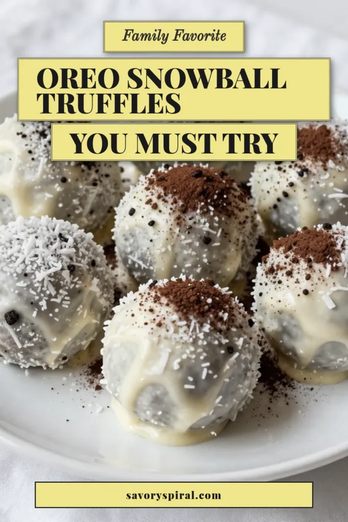 Indulge in the festive taste of Oreo Snowball Truffles! These easy cream cheese truffles combine crushed Oreo cookies, creamy white chocolate, and shredded coconut for a delicious no-bake Oreo dessert that’s perfect for the holidays. This holiday truffle recipe makes 24 delightful treats that are sure to impress. Save this recipe for a sweet addition to your holiday gatherings! #OreoSnowballTruffles #HolidayDessert #NoBakeTreats #SweetTreats