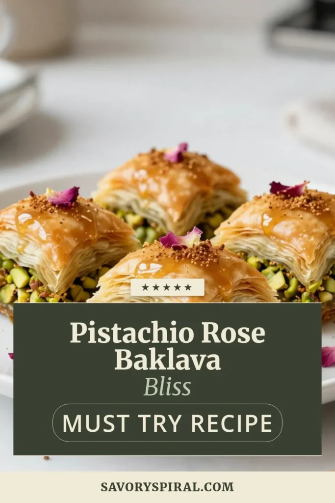 Indulge in the delightful flavors of Pistachio Rose Baklava Rolls with this easy baklava rolls recipe! Learn how to make baklava that combines crunchy phyllo pastry with a sweet pistachio filling, perfectly infused with rose water. This homemade baklava with rose water is not just a treat; it’s a showstopper for any occasion. Try this delicious pistachio dessert recipe today and impress your guests! Save this recipe now! #PistachioRoseBaklava #BaklavaRolls #DessertRecipes #HomemadeBaklava