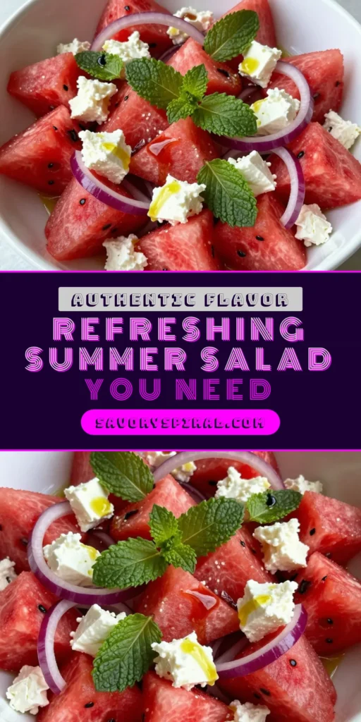 Elevate your summer gatherings with this vibrant watermelon feta salad! This refreshing watermelon salad combines juicy cubed watermelon, creamy crumbled feta cheese, and fresh mint for an unbeatable taste. Perfect for healthy summer salads, this easy salad recipe is ready in just 25 minutes. Try this delightful watermelon feta salad and impress your guests! Save this recipe for your next summer soirée! #WatermelonFetaSalad #HealthySummerSalads #FetaCheeseRecipes #SummerSaladRecipes