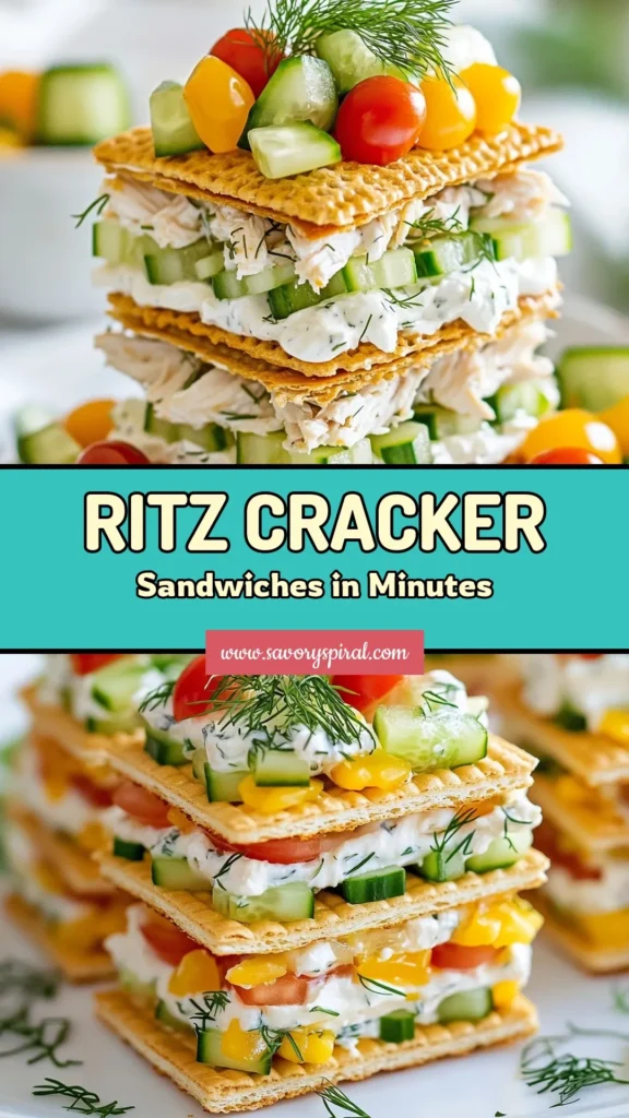 Delight your guests with these easy Ritz cracker sandwiches, the perfect savory party snacks! This cream cheese dip recipe features savory ingredients like chicken, dill, and celery, making it a top choice for chicken Ritz cracker recipes. Ideal for any gathering, these easy appetizer ideas can be made in just 15 minutes. Serve chilled for a delicious treat! Save this recipe for your next party! #RitzCrackerSandwiches #EasyAppetizerIdeas #SavoryPartySnacks #CreamCheeseDipRecipe