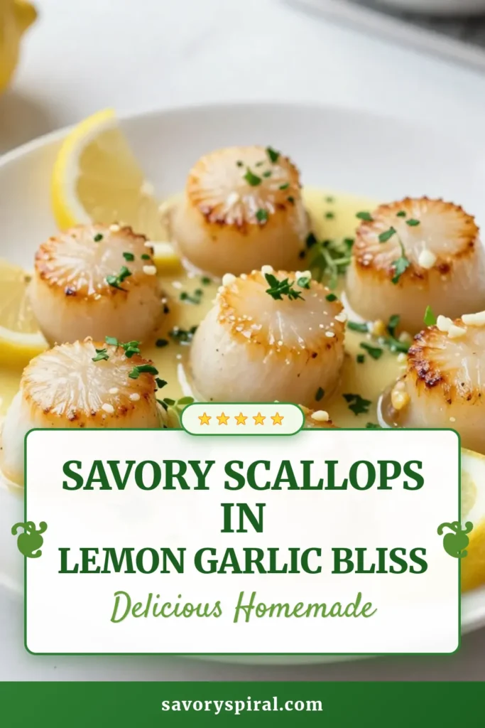 Discover the perfect meal with this buttery lemon garlic scallops recipe. These easy scallops are seared to perfection in butter, creating a luscious seafood dinner idea that will impress your guests. Enjoy a delightful combination of buttery garlic scallops with a zesty touch. This simple recipe takes only 15 minutes! Click to save and elevate your dinner game. #ButteryGarlicScallops #LemonGarlicScallopsRecipe #SearedScallopsWithButter #SeafoodDinnerIdeas.