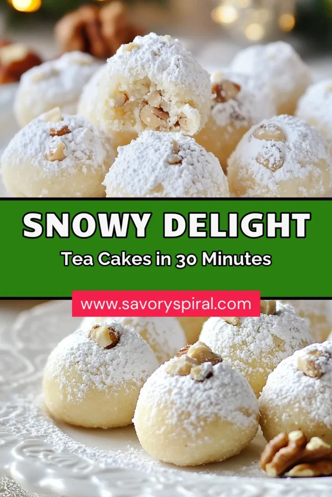 Discover the joy of baking with this delightful Russian tea cakes recipe! These Snowy Delight cookies are easy nut cookies rolled in powdered sugar, perfect for your holiday baking recipes. In just 30 minutes, create a batch of these irresistible powdered sugar cookies that melt in your mouth. Perfect for sharing or gifting! Save this easy recipe and bring some snowy magic to your holiday treats. #RussianTeaCakes #HolidayBaking #SnowyDelightCookies #EasyNutCookieRecipe