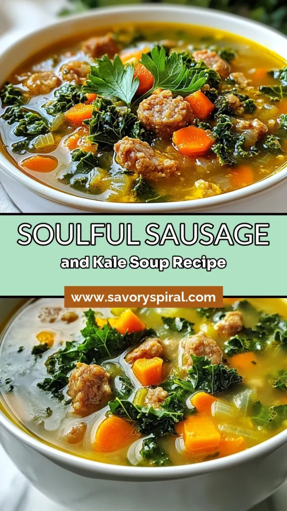 Warm up with this hearty sausage kale soup that combines Italian chicken sausage with nutritious ingredients for a delicious meal. This easy kale soup is perfect as a healthy dinner option and a crowd-pleaser. With flavors from fresh veggies and aromatic spices, you'll love this Italian chicken sausage recipe. Try this healthy soup recipe today for a fulfilling dish everyone will enjoy. Save this recipe for later! #SausageSoup #HealthyRecipes #KaleSoup #EasyMeals