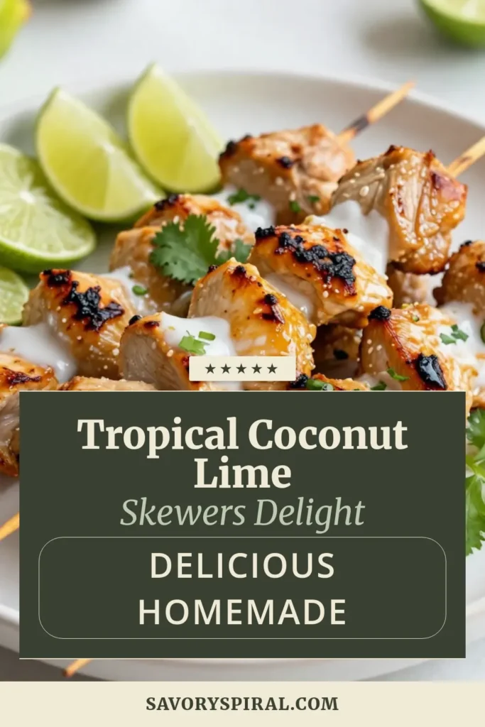 Enjoy a taste of the tropics with these Coconut Lime Chicken Skewers! This easy grilled chicken skewers recipe features marinated chicken skewers soaked in a flavorful blend of coconut milk, lime, and spices. Perfect for BBQ lovers, these tropical chicken skewers are a hit at any gathering. Impress your guests and elevate your grilling game—try this delicious recipe today! Save this for your next cookout! #CoconutLimeChickenSkewers #GrilledChickenSkewersRecipe #TropicalChickenSkewers #EasySkewersForGrilling