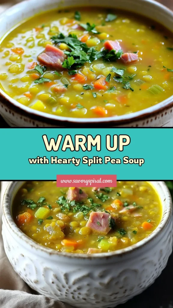 Discover this easy split pea soup recipe that's perfect for cozy nights! Our hearty split pea soup with ham is packed with flavor, featuring a meaty ham bone, fresh veggies, and fragrant herbs. This homemade split pea soup is not only comforting but also a great way to use leftovers. Ready in just 1 hour and 15 minutes, it’s perfect for family dinners. Try it today and savor the warmth! #SplitPeaSoup #ComfortingSoup #HeartySoup #EasyRecipes
