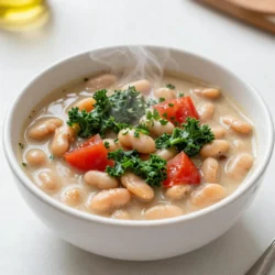 For a tasty bowl of Tuscan White Bean Soup, you need: - 1 can (15 oz) cannellini beans, drained and rinsed - 1 medium onion, diced - 2 cloves garlic, minced - 1 medium carrot, diced - 1 stalk celery, diced - 5 cups vegetable broth - 1 can (14 oz) diced tomatoes, with juices - 1 teaspoon dried sage - 1 teaspoon dried thyme - 1 teaspoon red pepper flakes (adjust to taste) - 2 cups kale, stems removed and chopped - 2 tablespoons olive oil - Salt and pepper to taste - Fresh parsley, chopped (for garnish) Each ingredient adds flavor and nutrition. The beans give protein and fiber. Onions and garlic create a base that makes the soup fragrant. Carrots and celery add sweetness and crunch, while diced tomatoes offer a rich, tangy taste. The herbs bring warmth and depth, and kale adds color and nutrients. To make your soup even better, consider these garnishes: - Fresh parsley, chopped - A drizzle of olive oil - Grated Parmesan cheese These toppings enhance the soup's look and flavor. A sprinkle of parsley adds freshness. Olive oil boosts richness, and cheese gives a savory touch. You can swap ingredients based on what you have or like. Here are some ideas: - Use other beans like navy or great northern beans instead of cannellini. - If you don’t have kale, spinach works well too. - For a smoky flavor, add smoked paprika. - Swap vegetable broth with chicken broth for a different taste. These substitutions keep the soup fresh and fun. You can customize it to fit your taste or pantry. {{ingredient_image_1}} Start by gathering your fresh veggies. You need a medium onion, a carrot, and a stalk of celery. Dice them all into small pieces. This helps them cook evenly. In a large pot, heat two tablespoons of olive oil over medium heat. Add the diced onion, carrot, and celery. Sauté these for 5 to 7 minutes. You want them soft and fragrant. Next, mince two cloves of garlic and add them to the pot. Cook for one more minute. This will make your kitchen smell great! Now it's time to build the soup. Add one can of drained cannellini beans. Then, add a can of diced tomatoes, including the juices. Pour in 5 cups of vegetable broth. This broth gives the soup its depth. Next, sprinkle in one teaspoon each of dried sage, dried thyme, and red pepper flakes. Stir everything together and bring it to a gentle boil. Once it boils, lower the heat. Let it simmer for about 20 minutes. This allows all the flavors to mix well. After 20 minutes, it's time to add some greens! Chop two cups of kale, removing the stems. Stir the kale into the soup. Cook for another 5 minutes. You want the kale wilted but still bright green. Finally, taste the soup and add salt and pepper as needed. Serve the soup hot. Garnish with freshly chopped parsley. Enjoy this warm bowl of comfort! You can make this soup ahead of time. The flavors blend well when it sits. I often prepare it a day before serving. This helps the taste improve. Store it in the fridge overnight. When you reheat, it tastes even better. Store any leftovers in an airtight container. Let the soup cool down before sealing it. It will stay fresh in the fridge for up to four days. If you want to keep it longer, freeze it. Use freezer-safe containers and leave space for expansion. This soup can last for three months in the freezer. To boost the flavor, try adding fresh herbs. Chopped basil or rosemary works great. You can also mix in a squeeze of lemon juice. This adds brightness to the soup. For a bit of heat, add more red pepper flakes. Taste as you go to find your perfect balance. Pro Tips Use Fresh Herbs: Fresh herbs can elevate the flavor of your soup. Consider adding fresh sage or thyme towards the end of cooking for a vibrant taste. Texture Variation: For a creamier soup, you can blend a portion of the beans before adding them to the pot. This will give a thicker consistency without losing the bean flavor. Adjust Spice Levels: The red pepper flakes can be adjusted based on your heat preference. Start with a small amount and increase as necessary to suit your taste. Store and Reheat: This soup stores well in the refrigerator for up to three days. Reheat gently on the stove, adding a splash of broth if it thickens too much. {{image_2}} You can make Tuscan white bean soup more filling by adding protein. Try diced chicken or turkey. They add great flavor and texture. For a meatless option, add cooked lentils or quinoa. These options boost the soup's protein without changing its taste. This soup is naturally vegetarian. To make it vegan, ensure you use vegetable broth. Many broths contain animal products. You can also add more veggies or beans for depth. This keeps the soup hearty and satisfying without any animal products. Enhancing the flavor is simple. Add fresh herbs like basil or thyme for a burst of freshness. A splash of lemon juice brightens the flavor too. You can add a bit of balsamic vinegar for a sweet tang. If you like heat, increase the red pepper flakes. Each of these tweaks makes the soup unique and delicious! Each serving of Tuscan white bean soup has about 250 calories. This soup packs a good mix of nutrients. Here’s a quick breakdown: - Protein: 10 grams - Carbohydrates: 35 grams - Fat: 7 grams - Fiber: 10 grams These numbers make this soup a healthy choice for lunch or dinner. The main ingredients in this soup offer many health perks. Cannellini beans are high in fiber and protein. They help keep you full and support digestive health. - Kale is loaded with vitamins A, C, and K. It also has antioxidants that fight inflammation. - Olive oil is rich in healthy fats. It can reduce heart disease risk. - Garlic helps boost your immune system. It may lower blood pressure too. Each bite gives you a tasty way to nourish your body! This soup is great on its own, but you can make it even better. Pair it with crusty bread for a complete meal. You can also add a side salad for more veggies. If you want extra flavor, sprinkle some grated cheese on top. Enjoy your bowl of warmth and goodness! Tuscan White Bean Soup can last about 3 to 5 days in the fridge. To store it, let the soup cool down first. Then, place it in an airtight container. This keeps it fresh and tasty. Always check for any off smells or changes in texture before eating. Yes, you can freeze Tuscan White Bean Soup. It freezes well, making it great for meal prep. To freeze, let it cool completely. Then, transfer the soup to a freezer-safe container. You can also use freezer bags for easy storage. It will stay good for about 3 months. When ready to eat, thaw it in the fridge overnight. Reheat it on the stove or in the microwave. Tuscan White Bean Soup pairs well with many dishes. Here are some great options: - Crusty bread or garlic bread - A fresh green salad - Grilled cheese sandwiches - Roasted vegetables - Pesto pasta These sides add more flavor and make the meal more filling. Enjoy mixing and matching! This article covered how to make Tuscan White Bean Soup from start to finish. We discussed the main ingredients, garnishes, and substitutions that enhance the dish. You learned how to prepare vegetables, cook the soup, and store leftovers. I shared tips for making it ahead and ideas for variations, including protein options and flavor tweaks. The recipe is nutritious and offers many benefits. Use these insights to create a comforting bowl of soup that suits your taste and health needs. Now, it’s time to enjoy your cooking adventure!