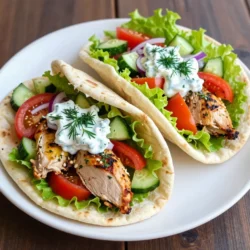 - 1 lb boneless, skinless chicken thighs - 3 tablespoons olive oil - 3 cloves garlic, minced - 2 teaspoons dried oregano - 1 teaspoon ground cumin - 1 teaspoon paprika - Salt and pepper to taste - 4 large pita breads - 1 cup cucumber, diced - 1 cup tomatoes, diced - 1/2 red onion, thinly sliced - 1 cup romaine lettuce, shredded - 1/2 cup tzatziki sauce - Fresh dill for garnish (optional) To make Greek chicken gyros, you start with chicken thighs. They are juicy and flavorful. I love to use boneless, skinless thighs for the best results. The marinade is key here. Olive oil gives moisture and flavor. Garlic adds a nice punch. The spices like oregano, cumin, and paprika bring warmth and depth to the dish. Salt and pepper are essential for taste. Fresh vegetables are also important. You will need crunchy romaine lettuce for texture. Diced cucumbers and tomatoes add freshness. Thinly sliced red onion gives a bit of bite. - 1 cup plain yogurt - 1 cup cucumber, diced - 2 cloves garlic, minced Tzatziki sauce is a must-have for gyros. It cools down the spices and adds creaminess. The base is plain yogurt. I prefer Greek yogurt for its thick texture. Next, we add fresh cucumber for crunch. Don’t forget minced garlic for flavor. You can adjust the garlic based on your taste. - 4 large pita breads - Fresh dill for garnish (optional) Pita bread wraps the whole dish together. I recommend using large pitas for more filling. You can warm them up on the grill. This makes them soft and easy to fold. You can also add fresh dill on top for a burst of flavor. It’s optional, but it really enhances the dish. These ingredients come together to make a delicious Greek chicken gyro wrap. They are tasty, simple, and perfect for any meal! {{ingredient_image_1}} To make the marinade, start by mixing olive oil, minced garlic, dried oregano, ground cumin, paprika, salt, and pepper in a bowl. This mix gives the chicken a great flavor. Next, add the chicken thighs to the bowl. Make sure each piece is well-coated in the marinade. Cover the bowl and place it in the fridge for at least 30 minutes. For better taste, let it marinate for up to 2 hours. Before grilling, preheat the grill or a grill pan over medium-high heat. This step is key for even cooking. Once hot, remove the chicken from the marinade. Grill each thigh for about 5-7 minutes on each side. Check that the internal temperature reaches 165°F (75°C) for safe eating. Let the chicken rest for a few minutes. Then, slice it into thin strips. To warm the pita breads, place them on the grill for about 1 minute on each side. This softens them, making them easier to wrap. Now, let's build the wraps! Start by adding a handful of shredded romaine lettuce to the center of each pita. Then layer on the sliced chicken, diced cucumbers, diced tomatoes, and thinly sliced red onion. Drizzle tzatziki sauce on top. If you like, sprinkle some fresh dill for extra flavor. Finally, fold the sides of the pita up and roll it tightly to hold in all the delicious fillings. Enjoy your tasty Greek chicken gyro wraps right away! To keep your chicken juicy, use a good marinade. The olive oil helps lock in moisture. Marinate the chicken for at least 30 minutes. If you can, go for 2 hours. This gives the flavors time to soak in. When grilling, cook the chicken over medium-high heat. This keeps the outside nice and crispy while the inside stays tender. Aim for an internal temperature of 165°F. Let the chicken rest for a few minutes after grilling. This helps the juices redistribute. To enhance flavor, add fresh herbs like thyme or rosemary. A splash of lemon juice adds brightness. For a smoky twist, try smoked paprika instead of regular paprika. You can also experiment with different spices, like coriander or turmeric. For great tzatziki, focus on consistency. Use full-fat Greek yogurt for creaminess. Grate the cucumber and squeeze out excess water. This keeps the sauce from being too watery. Mix in minced garlic, fresh dill, and a pinch of salt. For a tangy kick, add a splash of lemon juice. If you need a substitute for yogurt, try silken tofu for a vegan option. You can also swap cucumber for grated zucchini. Just remember to remove the moisture. For a milder taste, use less garlic. Gyro wraps pair well with sides like Greek salad or roasted potatoes. You can also serve them with pita chips and hummus. For drinks, try a cool glass of lemonade or iced tea. Presentation can make your wraps more inviting. Use colorful plates to show off the fresh veggies. You can also garnish with fresh dill or parsley. Arrange the wraps in a neat line for a lovely display. Serve extra tzatziki on the side for dipping. Pro Tips Marinate Longer for Flavor: For the best flavor, marinate the chicken thighs for up to 2 hours. This allows the spices to penetrate deeper into the meat. Use a Meat Thermometer: Ensure your chicken is perfectly cooked by using a meat thermometer. The internal temperature should reach 165°F (75°C). Warm the Pitas: Warming the pita breads on the grill not only makes them pliable but also adds a lovely smoky flavor that complements the chicken. Customize Your Toppings: Feel free to customize your gyro wraps with additional toppings like olives, feta cheese, or roasted red peppers for extra flavor and texture. {{image_2}} You can switch up the protein in your gyro wraps. Using beef or lamb gives a rich, savory flavor. Marinate and grill it just like the chicken. For a vegetarian option, try grilled vegetables or falafel. These choices remain tasty and satisfying. To add a kick, try spicy gyro variations. Mix in some chili flakes or harissa spice for heat. For a Mediterranean twist, include olives or feta cheese. These flavors excite the taste buds and keep things fresh. While tzatziki is classic, many other sauces work well. You can use hummus or garlic sauce for variety. If you're dairy-free, try a coconut yogurt base. This way, everyone can enjoy the wraps, no matter their diet. To keep leftovers fresh, use airtight containers. Glass or BPA-free plastic works best. Make sure to cool the wraps completely before sealing them. Store them in the fridge for up to three days. This way, you can enjoy your Greek chicken gyro wraps later without losing flavor. When you warm up leftover gyro wraps, use an oven or skillet. Preheat your oven to 350°F (175°C). Wrap the gyros in foil to keep them moist. Heat for about 10 minutes. If using a skillet, heat over medium heat for 3-4 minutes on each side. This helps avoid dryness and keeps the chicken juicy. Yes, you can freeze gyro wraps! Wrap them tightly in foil or plastic wrap. Place them in a freezer-safe bag or container. They can stay in the freezer for up to three months. To thaw, place them in the fridge overnight. For a quicker method, use the microwave. Just be careful not to overcook them when reheating. Greek gyros are often served in pita bread. You can add fresh veggies and sauce. Common toppings include: - Sliced tomatoes - Shredded lettuce - Red onions - Tzatziki sauce Gyros can be eaten as a wrap or on a plate with sides. Popular sides are fries or a Greek salad. Yes, you can prepare gyro wraps ahead of time. Here are some tips: - Prep ahead tips: Marinate the chicken earlier in the day. Grill it and slice it. Store the chicken in the fridge. - Storage tips: Keep ingredients in separate containers. This keeps the pita bread soft and veggies fresh until serving. Tzatziki sauce is a creamy blend that adds flavor. Key ingredients include: - Greek yogurt - Diced cucumber - Minced garlic - Lemon juice - Fresh dill You can customize tzatziki by adding spices or herbs. Try mint for a fresh taste or chili for a kick. This blog post explored how to make delicious gyro wraps. We discussed the main ingredients, like chicken thighs, fresh veggies, and tzatziki sauce. You learned step-by-step instructions for marinating and grilling the chicken, then assembling the wraps. Don't forget the tips to enhance flavor and ensure juiciness. You can also experiment with different proteins and sauces. With proper storage, you can enjoy these wraps later too. Gyros are versatile and easy to make. Dive in and enjoy your own homemade version!