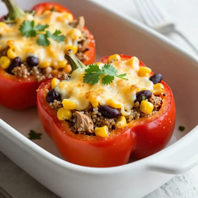 To make this stuffed bell pepper casserole, you need a few key ingredients: - 4 large bell peppers (red, yellow, or green), diced - 1 pound ground turkey or beef - 1 cup quinoa, rinsed and drained - 1 can (15 oz) diced tomatoes, with juices - 1 can (15 oz) black beans, rinsed and drained - 1 cup corn kernels (fresh, frozen, or canned) - 1 medium onion, chopped - 2 cloves garlic, minced - 1 teaspoon cumin - 1 teaspoon paprika - Salt and pepper to taste - 1 cup shredded cheese (cheddar or Monterey Jack) Adding garnishes can make your dish pop. Here are some great options: - Fresh cilantro - Fresh parsley You can easily swap ingredients if needed: - Use ground chicken or pork instead of turkey or beef. - Try brown rice or couscous in place of quinoa. - Swap black beans for kidney beans or chickpeas. - Use any cheese you like, such as mozzarella or feta. These swaps keep the dish tasty while allowing flexibility for what you have on hand. {{ingredient_image_1}} First, you need to preheat your oven to 375°F (190°C). This step is key for even cooking. While the oven warms up, gather your ingredients. You will need: - 4 large bell peppers (red, yellow, or green), diced - 1 pound ground turkey or beef - 1 cup quinoa, rinsed and drained - 1 can (15 oz) diced tomatoes, with juices - 1 can (15 oz) black beans, rinsed and drained - 1 cup corn kernels (fresh, frozen, or canned) - 1 medium onion, chopped - 2 cloves garlic, minced - 1 teaspoon cumin - 1 teaspoon paprika - Salt and pepper to taste - 1 cup shredded cheese (cheddar or Monterey Jack) - Fresh cilantro or parsley for garnish (optional) Chop your bell peppers and onion. Rinse your quinoa and beans. This makes the cooking part easier. In a large skillet, heat a little oil over medium heat. Add the chopped onion and minced garlic. Sauté them for about 3-4 minutes. You want them to smell good and look soft. Next, add the ground turkey or beef. Break it apart with a spatula. Cook until it is brown and no longer pink, which takes about 8-10 minutes. Then, stir in the diced bell peppers, cumin, paprika, salt, and pepper. Cook for another 5 minutes. This softens the peppers and blends the flavors. In a large mixing bowl, combine the rinsed quinoa, diced tomatoes (with juices), black beans, and corn. Add the cooked meat and vegetable mix. Stir everything together until it is well mixed. Now, transfer the mixture into a greased 9x13 inch casserole dish. Spread it out evenly. Sprinkle the shredded cheese on top of the casserole. Cover the dish with aluminum foil. Bake for 30 minutes. After 30 minutes, take off the foil. Continue baking for another 10-15 minutes. This helps the cheese get bubbly and a bit golden. When done, remove the casserole from the oven. Let it cool for a few minutes before serving. You can add fresh cilantro or parsley on top for a nice touch. Enjoy your meal! To boost the taste of your stuffed bell pepper casserole, focus on spices. Use fresh herbs like basil or oregano for a bright flavor. Adding a dash of hot sauce can give it a nice kick. You can also mix in some smoked paprika for a deeper taste. If you want more crunch, toss in some chopped nuts or seeds. If your casserole seems dry, it might need more liquid. Add a splash of broth or extra diced tomatoes. If it’s too runny, let it bake a bit longer uncovered. Make sure to watch the cheese; it should be bubbly and golden, not burnt. If the peppers are too crunchy, cook them longer before mixing. This casserole pairs well with a fresh salad or crusty bread. You can also serve it with a dollop of sour cream or a sprinkle of cheese on top. For a fun twist, serve it inside the hollowed-out bell peppers for a colorful look. Don’t forget to garnish with fresh cilantro or parsley for a pop of color. Enjoy! Pro Tips Choose Colorful Peppers: Using a mix of red, yellow, and green bell peppers not only adds visual appeal but also provides a range of flavors and nutritional benefits. Cook Quinoa in Broth: For added flavor, cook the quinoa in vegetable or chicken broth instead of water. This enhances the overall taste of the casserole. Make It Vegetarian: Substitute the ground turkey or beef with additional beans or lentils for a delicious vegetarian version of this casserole. Prep Ahead: This casserole can be assembled a day in advance and stored in the fridge. Just pop it in the oven when you're ready to bake! {{image_2}} You can easily make this casserole meat-free. Replace the ground turkey or beef with a mix of veggies. Use mushrooms, zucchini, or spinach for great flavor and texture. Add more beans or lentils for protein. This way, you keep it hearty and satisfying. If you want a different taste, try various proteins. Ground chicken or pork works well. You could also use shredded rotisserie chicken for a quick option. For a unique twist, incorporate chorizo for a spicy kick. Each choice brings its own flavor to the dish. Feel free to swap ingredients based on what you have at home. Instead of quinoa, try rice or couscous. You can also use different beans, like pinto or kidney beans. Change the cheese to feta or pepper jack for added zest. These swaps keep the recipe fresh and exciting. After you enjoy your stuffed bell pepper casserole, store any leftovers right away. Let the casserole cool to room temperature first. Use an airtight container to keep it fresh. Place the casserole in the fridge. It will stay good for about 3 to 5 days. When you want to eat it again, just take out the portion you want. Reheating is easy and quick. You can use the oven or microwave. For the oven, preheat it to 350°F (175°C). Place the casserole in an oven-safe dish. Cover it with foil to stop it from drying out. Heat for about 15 to 20 minutes. If you use the microwave, place a portion on a microwave-safe plate. Heat it for 2 to 3 minutes. Check that it is hot all the way through. Freezing is a great option if you want to save some for later. First, let the casserole cool completely. Then, cut it into single servings. Wrap each portion tightly in plastic wrap. You can also use freezer bags. Label them with the date. The casserole will last in the freezer for about 2 to 3 months. When you're ready to eat it, thaw it in the fridge overnight before reheating. Yes, you can use rice or farro. Both work well in this dish. If you use rice, make sure it's cooked before adding it to the mix. Brown rice adds a nutty flavor, while white rice cooks faster. Farro has a chewy texture that can make the casserole heartier. Just adjust the cooking time based on the grain you choose. Look for bubbling cheese on top. It should turn golden brown, indicating it’s ready. The edges of the casserole may also show some browning. You can insert a fork in the center to check if it's hot and cooked through. If the contents are steaming, it’s a good sign. Absolutely! You can prepare it a day ahead. Just assemble the casserole and cover it well. Store it in the fridge until you're ready to bake. This saves time and makes for an easy meal. You may need to bake it a bit longer if it goes in cold. This blog post covered all you need to make a delicious casserole. We explored key ingredients and smart swaps. I shared steps to prep and cook the dish with ease. Tips helped you enhance flavors and fix common problems. We also discussed fun variations to try and ways to store leftovers. In the end, you can customize the casserole to fit your taste. Enjoy making this dish your own!