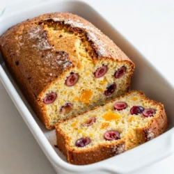 To make a delicious Cranberry Orange Bread, you need some simple ingredients. Here’s what you will need: - 2 cups all-purpose flour - 1 cup fresh cranberries, halved - 1 cup granulated sugar - 1/2 teaspoon baking soda - 1 tablespoon baking powder - 1/2 teaspoon salt - 1/2 cup unsalted butter, melted - 1 large egg - 1 teaspoon vanilla extract - Zest of 1 large orange - 1/2 cup freshly squeezed orange juice - 1/2 teaspoon ground cinnamon - 1/4 cup chopped walnuts (optional) Each ingredient plays a key role. The flour gives the bread structure. The sugar adds sweetness and moisture. Fresh cranberries bring a tart taste that pairs well with the sweet orange flavor. Baking powder and baking soda help the bread rise nicely. Butter makes the bread rich and soft. The egg binds everything together while adding moisture. Vanilla and orange zest boost the flavor. Fresh orange juice adds brightness and keeps it moist. Ground cinnamon gives a warm touch. If you like nuts, walnuts add a nice crunch. Gather these ingredients, and you’re ready to bake! {{ingredient_image_1}} Start by preheating your oven to 350°F (175°C). This helps the bread bake evenly. Next, prepare a 9x5-inch loaf pan. You can grease it with butter or line it with parchment paper. Lining helps with easy removal later. In a large bowl, add 2 cups of all-purpose flour, 1 cup of granulated sugar, and 1/2 teaspoon of baking soda. Also, add 1 tablespoon of baking powder, 1/2 teaspoon of salt, and 1/2 teaspoon of ground cinnamon. Use a whisk to mix these dry ingredients well. This step is key for even flavor. In a separate bowl, melt 1/2 cup of unsalted butter. Let it cool slightly before adding 1 large egg, 1 teaspoon of vanilla extract, the zest of 1 large orange, and 1/2 cup of freshly squeezed orange juice. Stir until the mixture is smooth. This blend brings a bright flavor to the bread. Gently pour the wet mixture into the dry ingredients. Mix until just combined. It’s okay if the batter has lumps; do not overmix! Now, fold in 1 cup of halved fresh cranberries and 1/4 cup of chopped walnuts, if you like. This adds texture and a burst of flavor. Pour the batter into your prepared loaf pan. Smooth the top with a spatula for even baking. Place it in the oven and bake for 60-70 minutes. Check for doneness using a toothpick. If it comes out clean, your bread is ready! Once baked, take the bread out of the oven. Let it cool in the pan for about 10 minutes. After that, transfer it to a wire rack to cool completely. This cooling step is important; it helps set the bread. When cool, slice the bread and serve. Enjoy this tasty treat with butter or cream cheese! To keep your cranberry orange bread moist, use fresh cranberries. Fresh fruit adds natural juice. You can also add a bit more orange juice if you like. This helps the bread stay soft and tender. Avoid baking it too long, as overbaking dries it out. Mix the batter gently. When combining wet and dry ingredients, stop as soon as you see no dry flour. A few lumps are okay. Overmixing makes the bread tough. Remember, it’s a quick bread, so treat it kindly. Bake your bread for 60-70 minutes. Use a toothpick to check if it's done. Insert it in the center, and if it comes out clean, the bread is ready. If the top browns too fast, cover it with foil. This protects the crust while the inside cooks fully. Pro Tips Use Fresh Cranberries: Fresh cranberries will give your bread a tart flavor and vibrant color. Frozen cranberries can also be used but may alter the texture slightly. Don’t Overmix: Mix the batter just until combined. Overmixing can lead to dense bread, so a few lumps are perfectly fine. Check for Doneness: Baking times can vary, so check your bread a few minutes early by inserting a toothpick in the center; it should come out clean when done. Cool Completely: Allow the bread to cool completely on a wire rack to maintain its texture and flavor. This helps avoid sogginess. {{image_2}} You can swap out cranberries for other fruits. Blueberries or raspberries work well. They add a nice twist to the bread. You can also mix fruits, like cranberries and blueberries, for more flavor. Just keep the amounts the same. This keeps the texture perfect. You can even try dried fruits, like raisins or cherries. They create a sweet surprise in each bite. Granulated sugar is not your only option. You can use honey or maple syrup instead. These sweeteners add a rich flavor. If you want a lower-calorie choice, try stevia or monk fruit sweetener. Just make sure to adjust the liquid in the recipe. This way, your bread bakes just right. Remember, different sweeteners can change the taste slightly, so taste as you go! To make this bread gluten-free, swap all-purpose flour for a gluten-free blend. Look for blends that contain xanthan gum. This helps the bread rise and stay fluffy. You can also use almond flour for a different flavor. Keep in mind, the texture may be denser. Always check the baking time as gluten-free breads can bake faster. Enjoy experimenting with these fun options! Store your Cranberry Orange Bread in an airtight container. This keeps it fresh. Place the bread at room temperature for up to three days. If you want it to last longer, consider refrigeration. Just remember, cold can make it a bit drier. Wrap the bread tightly in plastic wrap or foil before refrigerating. To freeze this bread, first let it cool completely. Then, wrap it tightly in plastic wrap. You can also use aluminum foil for added protection. Place the wrapped bread in a freezer bag. It will stay good for up to three months. When you're ready to enjoy it, simply thaw it at room temperature. To reheat your bread, slice it first. This helps it warm evenly. You can use a toaster or an oven. For the oven, preheat to 350°F (175°C). Place the slices on a baking sheet for about 10 minutes. This will bring back its soft texture. Enjoy your warm Cranberry Orange Bread again! Yes, you can use frozen cranberries. Just thaw them first and drain extra water. This keeps your bread from getting soggy. Frozen cranberries also work well in this recipe. To make your bread more citrusy, add more orange zest. You can also use lemon zest for a twist. Another option is to increase the amount of orange juice in the mix. Serve this bread warm or at room temperature. Slice it thick and enjoy with butter. It also pairs well with cream cheese for a richer taste. Cranberry Orange Bread lasts about 3 to 4 days at room temperature. Keep it in an airtight container. This helps to keep it moist and fresh longer. Yes, you can make mini loaves! Use smaller pans and reduce the baking time. Mini loaves usually take about 30 to 40 minutes to bake. Check for doneness with a toothpick. This blog post covered the recipe for delicious Cranberry Orange Bread. You learned about the key ingredients, step-by-step instructions, and tips for success. We explored variations and storage methods to keep the bread fresh. In conclusion, this bread is easy and fun to make. Enjoy it warm or as a snack. Feel free to add your twist. Happy baking!