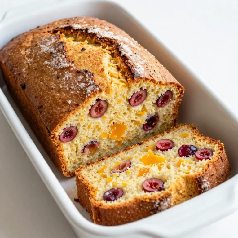 To make a delicious Cranberry Orange Bread, you need some simple ingredients. Here’s what you will need: - 2 cups all-purpose flour - 1 cup fresh cranberries, halved - 1 cup granulated sugar - 1/2 teaspoon baking soda - 1 tablespoon baking powder - 1/2 teaspoon salt - 1/2 cup unsalted butter, melted - 1 large egg - 1 teaspoon vanilla extract - Zest of 1 large orange - 1/2 cup freshly squeezed orange juice - 1/2 teaspoon ground cinnamon - 1/4 cup chopped walnuts (optional) Each ingredient plays a key role. The flour gives the bread structure. The sugar adds sweetness and moisture. Fresh cranberries bring a tart taste that pairs well with the sweet orange flavor. Baking powder and baking soda help the bread rise nicely. Butter makes the bread rich and soft. The egg binds everything together while adding moisture. Vanilla and orange zest boost the flavor. Fresh orange juice adds brightness and keeps it moist. Ground cinnamon gives a warm touch. If you like nuts, walnuts add a nice crunch. Gather these ingredients, and you’re ready to bake! {{ingredient_image_1}} Start by preheating your oven to 350°F (175°C). This helps the bread bake evenly. Next, prepare a 9x5-inch loaf pan. You can grease it with butter or line it with parchment paper. Lining helps with easy removal later. In a large bowl, add 2 cups of all-purpose flour, 1 cup of granulated sugar, and 1/2 teaspoon of baking soda. Also, add 1 tablespoon of baking powder, 1/2 teaspoon of salt, and 1/2 teaspoon of ground cinnamon. Use a whisk to mix these dry ingredients well. This step is key for even flavor. In a separate bowl, melt 1/2 cup of unsalted butter. Let it cool slightly before adding 1 large egg, 1 teaspoon of vanilla extract, the zest of 1 large orange, and 1/2 cup of freshly squeezed orange juice. Stir until the mixture is smooth. This blend brings a bright flavor to the bread. Gently pour the wet mixture into the dry ingredients. Mix until just combined. It’s okay if the batter has lumps; do not overmix! Now, fold in 1 cup of halved fresh cranberries and 1/4 cup of chopped walnuts, if you like. This adds texture and a burst of flavor. Pour the batter into your prepared loaf pan. Smooth the top with a spatula for even baking. Place it in the oven and bake for 60-70 minutes. Check for doneness using a toothpick. If it comes out clean, your bread is ready! Once baked, take the bread out of the oven. Let it cool in the pan for about 10 minutes. After that, transfer it to a wire rack to cool completely. This cooling step is important; it helps set the bread. When cool, slice the bread and serve. Enjoy this tasty treat with butter or cream cheese! To keep your cranberry orange bread moist, use fresh cranberries. Fresh fruit adds natural juice. You can also add a bit more orange juice if you like. This helps the bread stay soft and tender. Avoid baking it too long, as overbaking dries it out. Mix the batter gently. When combining wet and dry ingredients, stop as soon as you see no dry flour. A few lumps are okay. Overmixing makes the bread tough. Remember, it’s a quick bread, so treat it kindly. Bake your bread for 60-70 minutes. Use a toothpick to check if it's done. Insert it in the center, and if it comes out clean, the bread is ready. If the top browns too fast, cover it with foil. This protects the crust while the inside cooks fully. Pro Tips Use Fresh Cranberries: Fresh cranberries will give your bread a tart flavor and vibrant color. Frozen cranberries can also be used but may alter the texture slightly. Don’t Overmix: Mix the batter just until combined. Overmixing can lead to dense bread, so a few lumps are perfectly fine. Check for Doneness: Baking times can vary, so check your bread a few minutes early by inserting a toothpick in the center; it should come out clean when done. Cool Completely: Allow the bread to cool completely on a wire rack to maintain its texture and flavor. This helps avoid sogginess. {{image_2}} You can swap out cranberries for other fruits. Blueberries or raspberries work well. They add a nice twist to the bread. You can also mix fruits, like cranberries and blueberries, for more flavor. Just keep the amounts the same. This keeps the texture perfect. You can even try dried fruits, like raisins or cherries. They create a sweet surprise in each bite. Granulated sugar is not your only option. You can use honey or maple syrup instead. These sweeteners add a rich flavor. If you want a lower-calorie choice, try stevia or monk fruit sweetener. Just make sure to adjust the liquid in the recipe. This way, your bread bakes just right. Remember, different sweeteners can change the taste slightly, so taste as you go! To make this bread gluten-free, swap all-purpose flour for a gluten-free blend. Look for blends that contain xanthan gum. This helps the bread rise and stay fluffy. You can also use almond flour for a different flavor. Keep in mind, the texture may be denser. Always check the baking time as gluten-free breads can bake faster. Enjoy experimenting with these fun options! Store your Cranberry Orange Bread in an airtight container. This keeps it fresh. Place the bread at room temperature for up to three days. If you want it to last longer, consider refrigeration. Just remember, cold can make it a bit drier. Wrap the bread tightly in plastic wrap or foil before refrigerating. To freeze this bread, first let it cool completely. Then, wrap it tightly in plastic wrap. You can also use aluminum foil for added protection. Place the wrapped bread in a freezer bag. It will stay good for up to three months. When you're ready to enjoy it, simply thaw it at room temperature. To reheat your bread, slice it first. This helps it warm evenly. You can use a toaster or an oven. For the oven, preheat to 350°F (175°C). Place the slices on a baking sheet for about 10 minutes. This will bring back its soft texture. Enjoy your warm Cranberry Orange Bread again! Yes, you can use frozen cranberries. Just thaw them first and drain extra water. This keeps your bread from getting soggy. Frozen cranberries also work well in this recipe. To make your bread more citrusy, add more orange zest. You can also use lemon zest for a twist. Another option is to increase the amount of orange juice in the mix. Serve this bread warm or at room temperature. Slice it thick and enjoy with butter. It also pairs well with cream cheese for a richer taste. Cranberry Orange Bread lasts about 3 to 4 days at room temperature. Keep it in an airtight container. This helps to keep it moist and fresh longer. Yes, you can make mini loaves! Use smaller pans and reduce the baking time. Mini loaves usually take about 30 to 40 minutes to bake. Check for doneness with a toothpick. This blog post covered the recipe for delicious Cranberry Orange Bread. You learned about the key ingredients, step-by-step instructions, and tips for success. We explored variations and storage methods to keep the bread fresh. In conclusion, this bread is easy and fun to make. Enjoy it warm or as a snack. Feel free to add your twist. Happy baking!