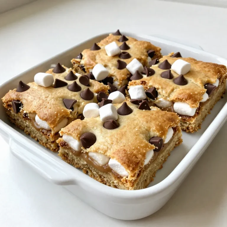 To make S'mores Cookie Bars, gather these simple ingredients: - 1 ½ cups all-purpose flour - ½ teaspoon baking soda - ½ teaspoon salt - ½ cup unsalted butter, softened - ½ cup brown sugar, packed - ½ cup granulated sugar - 1 large egg - 1 teaspoon vanilla extract - 1 cup semi-sweet chocolate chips - 1 cup mini marshmallows - 1 cup graham cracker crumbs These ingredients create a soft and chewy base that is rich in flavor. Feel free to add some fun twists to your bars: - Chopped nuts (like walnuts or pecans) - Different chocolate types (milk, dark, or white chocolate) - Peanut butter chips for extra creaminess These options help you tailor the bars to your taste. You will need a few key tools to make this recipe easy: - A 9x9-inch baking pan - Parchment paper (for easy removal) - Mixing bowls (medium and large) - A whisk for mixing dry ingredients - A spatula for folding in chocolate and graham crackers Having the right tools makes the process smooth and enjoyable. {{ingredient_image_1}} Start by preheating your oven to 350°F (175°C). This temperature makes sure the cookie bars bake evenly. While waiting, you can get your other ingredients ready. Next, grab a 9x9-inch baking pan. Grease it with butter or line it with parchment paper. This helps the bars come out easily after baking. A clean pan means less mess for you! In a medium bowl, whisk together 1 ½ cups of all-purpose flour, ½ teaspoon of baking soda, and ½ teaspoon of salt. Set this bowl aside for later. In a large bowl, cream together ½ cup of softened unsalted butter, ½ cup of brown sugar, and ½ cup of granulated sugar. Mix until it’s light and fluffy, about 2-3 minutes. Add in 1 large egg and 1 teaspoon of vanilla extract. Mix again until fully combined. Now, take the flour mixture and gradually add it to the butter mixture. Mix until just combined. Don’t overmix! Gently fold in 1 cup of semi-sweet chocolate chips and 1 cup of graham cracker crumbs. Save a handful of both for the top later. Spread half of the cookie batter evenly in your baking pan. Press it down to form a nice base. Sprinkle 1 cup of mini marshmallows over this base. Then, add the reserved chocolate chips and graham cracker crumbs on top. Spoon the rest of the cookie batter over the marshmallows and spread it out gently. Put the pan in your preheated oven. Bake for 25-30 minutes or until the edges turn golden brown and the center is set. When done, take the pan out and let it cool completely before slicing into bars. Enjoy the sweet smell while you wait! Baking can be tricky. Here are some mistakes to watch for: - Overmixing the Batter: Mix until just combined. Too much mixing makes bars tough. - Not Measuring Ingredients: Use a dry measuring cup for flour. Too much flour can ruin the bars. - Skipping the Parchment Paper: Lining the pan helps you remove the bars easily. - Opening the Oven Door: Avoid this during baking. It can cause the bars to sink. The texture of your S’mores Cookie Bars matters. Aim for a soft, chewy center with crispy edges. Here are some tips: - Use Room Temperature Butter: This helps the butter mix well with sugars. - Cream the Butter and Sugars Well: This creates air, making the bars light. - Watch Baking Time: Check the bars at 25 minutes. They should be golden at the edges. - Cool Completely Before Slicing: This helps the bars set and makes slicing easier. Serving your S’mores Cookie Bars can be fun! Here are some ideas: - Warm Bars: Serve them warm with extra mini marshmallows and chocolate chips on top. - Ice Cream Pairing: Add a scoop of vanilla ice cream for a creamy treat. - Garnish with Graham Cracker Crumbs: This adds texture and enhances the s’mores flavor. - Serve with Milk: A glass of cold milk pairs perfectly with these sweet bars. Pro Tips Use Room Temperature Ingredients: Ensure your butter and egg are at room temperature before mixing. This helps create a smoother batter and contributes to the overall texture of the bars. Don’t Overbake: Keep an eye on your cookie bars while baking. They should be golden around the edges but still soft in the center. They will continue to firm up as they cool. Customize Your Mix-Ins: Feel free to add different types of chocolate or nuts to the cookie batter. This is a great way to personalize your s’mores bars to your taste! Store Properly: Once cooled, store your cookie bars in an airtight container at room temperature for up to a week. For longer storage, consider freezing them. {{image_2}} You can make these cookie bars gluten-free by swapping the all-purpose flour. Use almond flour or oat flour instead. Both flours add flavor and keep the bars soft. You might need to adjust the amount slightly. Start with the same amount and see how the dough feels. Think about adding your favorite nuts like walnuts or pecans. They add crunch and flavor. You can also mix in different types of chocolate. Try using dark chocolate chips or white chocolate. These swaps create unique tastes that make your bars special. For a twist, add peanut butter to the dough. Just mix in half a cup for a nutty flavor. You can also drizzle caramel over the top before baking. This creates a rich, sweet layer that pairs well with chocolate. Explore these options and find your favorite flavor combo. To keep your S’mores Cookie Bars fresh, first let them cool completely. Slice them into bars and place them in an airtight container. Use parchment paper between layers to prevent sticking. Store them at room temperature for about 3 days. If you want them to last longer, refrigeration works too, just make sure they stay covered. Freezing is a great way to save your delicious bars. After they cool, slice them and wrap each bar in plastic wrap. Then, place them in a freezer-safe bag. They can stay in the freezer for up to 3 months. When you want one, just take it out and let it thaw at room temperature. To enjoy your S’mores Cookie Bars warm, preheat your oven to 350°F (175°C). Place the bars on a baking sheet and heat them for about 5-10 minutes. This helps the chocolate melt a bit and makes them gooey again. You can also microwave a bar for about 15-20 seconds. Just keep an eye on it so it doesn’t get too hot. Enjoy the warm, melty goodness! Yes, you can make S’mores Cookie Bars ahead of time. After baking, let them cool completely. Then, wrap them tightly in plastic wrap. Store them in the fridge for up to a week. You can also freeze them for longer storage. Just cut them into bars before freezing. Thaw them in the fridge when you're ready to enjoy. If you don’t have mini marshmallows, you can use marshmallow fluff. Spread a thin layer on the batter before baking. Another option is to use large marshmallows and cut them into smaller pieces. You can also try using caramel or chocolate sauce for a different flavor. The bars are done when the edges turn golden brown. The center should feel set and not jiggly. You can also check with a toothpick. Insert it into the middle; it should come out mostly clean with a few crumbs. Absolutely! You can use dark chocolate or milk chocolate. White chocolate also works well for a sweeter taste. Feel free to mix different types for a fun twist. Just keep in mind that the flavors will change with your choice. S’mores date back to the early 1900s. The first known recipe appeared in a Girl Scouts cookbook in 1927. The name “S’mores” comes from “some more,” as people wanted more after trying them. They combine chocolate, marshmallows, and graham crackers, creating a delicious treat loved by many. You’ve learned all about making delicious S’mores Cookie Bars. We covered key ingredients and helpful tools. Step-by-step, you now know how to bake and cool these treats. I shared tips to avoid mistakes and ensure great texture. You can even try fun variations or save leftovers for later. Baking is about joy and creativity. Enjoy every bite and impress your friends!