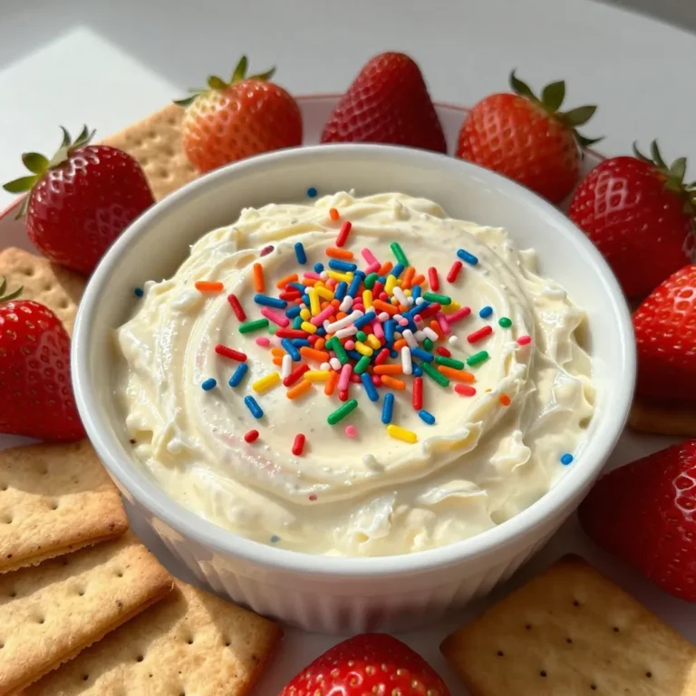 For this dip, use 1 cup of cream cheese. Make sure it's softened. Soft cream cheese blends easily. This ingredient gives the dip its creamy texture. Add 1/2 cup of powdered sugar. This sweetens the dip and adds fluff. It helps balance the tangy taste of the cream cheese. Include 1/2 cup of sour cream. This adds a nice tang to the dip. It also makes the dip even creamier. You need 1 teaspoon of vanilla extract. This ingredient boosts the dip's flavor. It adds warmth and sweetness that everyone loves. Use 1/2 cup of Funfetti cake mix, dry. This gives the dip its cake-like flavor. Plus, it adds more fun with colorful sprinkles. Add 1/2 cup of rainbow sprinkles. They bring joy and color to the dip. This is what makes it a fun birthday treat! Serve with fresh strawberries and graham crackers. These are perfect for dipping. Strawberries add fruitiness, while graham crackers give a nice crunch. {{ingredient_image_1}} Start by taking 1 cup of softened cream cheese. Place it in a large bowl. Use an electric mixer to beat the cream cheese. Mix until it becomes smooth and creamy. This step is key for a rich dip. Next, add 1/2 cup of powdered sugar to the bowl. Gradually mix it in. Keep beating until the mixture is fluffy and well combined. Then, stir in 1/2 cup of sour cream. Add 1 teaspoon of vanilla extract too. Keep mixing until everything is well blended. Now, it’s time to add some fun! Carefully fold in 1/2 cup of dry Funfetti cake mix. Be gentle so the colors stay bright. Then add 1/2 cup of rainbow sprinkles. Mix just enough to distribute them without breaking them apart. Transfer your dip to a serving bowl. Top it off with some extra sprinkles for a festive touch. Cover the bowl and chill it in the fridge for at least 30 minutes. This helps the flavors combine and makes it taste even better. When you’re ready to serve, take the dip out of the fridge. Pair it with fresh strawberries and graham crackers. Arrange them around the dip for a fun look. Enjoy this sweet treat that everyone will love! To get the best dip, start with softened cream cheese. This helps it mix well. Beat it until smooth. Then, add powdered sugar slowly. This keeps it fluffy and light. Fold in the cake mix gently. You want to keep the dips’ airy feel. For more flavor, use high-quality vanilla extract. It adds a lovely aroma. You can also add a pinch of salt. This can help balance the sweetness. If you like, mix in a little almond extract. It gives a fun twist to the taste. Serve the dip in a bright bowl. Top it with extra rainbow sprinkles for color. Place fresh strawberries and graham crackers around it. This makes it look festive and fun. You can even use small cups for individual servings. It adds a nice touch to any party! Pro Tips Use Room Temperature Cream Cheese: This ensures a smoother texture and easier mixing, preventing lumps in your dip. Chill Before Serving: Allowing the dip to chill for at least 30 minutes helps the flavors to meld and enhances the overall taste. Experiment with Dippers: While strawberries and graham crackers are great, try other options like pretzels or vanilla wafers for varied textures and flavors. Customize Your Sprinkles: Feel free to mix in different types of sprinkles or even edible glitter for a unique twist on your birthday cake dip. {{image_2}} You can easily make this dip gluten-free. Use a gluten-free cake mix instead of the regular Funfetti cake mix. Just check the label to ensure it is safe. The rest of the recipe stays the same. This way, everyone can enjoy the fun. Serve with fresh strawberries and gluten-free graham crackers for a tasty treat. To make a vegan version, swap out the cream cheese for vegan cream cheese. Use a plant-based sour cream, too. You can sweeten with maple syrup instead of powdered sugar. Make sure your cake mix is vegan as well. This version is just as fun and tasty. Everyone will love this dip at parties. Want to spice up the flavor? Try adding some chocolate or peanut butter. For a chocolate twist, mix in 1/4 cup of cocoa powder. This adds a rich taste to the dip. If you prefer peanut butter, add 1/4 cup of creamy peanut butter. This will give a nutty flavor that pairs well with the sweetness. Try these twists for a new take on your Funfetti dip! To store leftovers of your Funfetti Birthday Cake Dip, place it in an airtight container. Make sure the lid seals tightly. This keeps the dip fresh and tasty. If you have extra sprinkles on top, you can add them later when serving. In the refrigerator, your dip will stay good for about three to five days. Keep it cold to maintain its texture and flavor. Check for any changes in smell or color before serving. If it looks or smells off, it's best to toss it. You can freeze Funfetti Birthday Cake Dip for up to three months. To do this, put the dip in a freezer-safe container. Leave some space at the top, as it may expand when frozen. Thaw it in the fridge overnight when you're ready to enjoy it again. Mix well before serving for the best taste and texture. Yes, you can use other cake mixes. Chocolate or vanilla work well. Each mix gives a unique flavor. Just stick to the same amount, half a cup. This keeps the dip's creamy texture. To make this dip healthier, try these tips: - Use low-fat cream cheese. - Substitute Greek yogurt for sour cream. - Reduce the powdered sugar slightly. - Add more fruit for natural sweetness. These changes keep it tasty and lighter. You can dip many fun treats! Try these: - Fresh apple slices. - Mini pretzels for a salty crunch. - Vanilla wafers for a sweet touch. - Pita chips for a unique twist. All options pair well with the dip's sweetness. Chill the dip for at least 30 minutes. This time allows the flavors to mix well. The longer it sits, the better it tastes. You can even leave it in the fridge for a few hours. Yes, you can make this dip ahead. Prepare it the day before your event. Just store it in the fridge. Cover it tightly to keep it fresh. This helps save time on party day. This blog shows you how to make a fun and tasty Funfetti dip. You learned about the simple ingredients, like cream cheese, powdered sugar, and sprinkles. I shared clear steps for mixing and serving. Also, tips can help you get the perfect taste and texture. Variations offer options for gluten-free or vegan diets. Remember to store leftovers properly to enjoy later. With these ideas, you can make any celebration sweeter! Enjoy your dip with strawberries and graham crackers for a great treat!