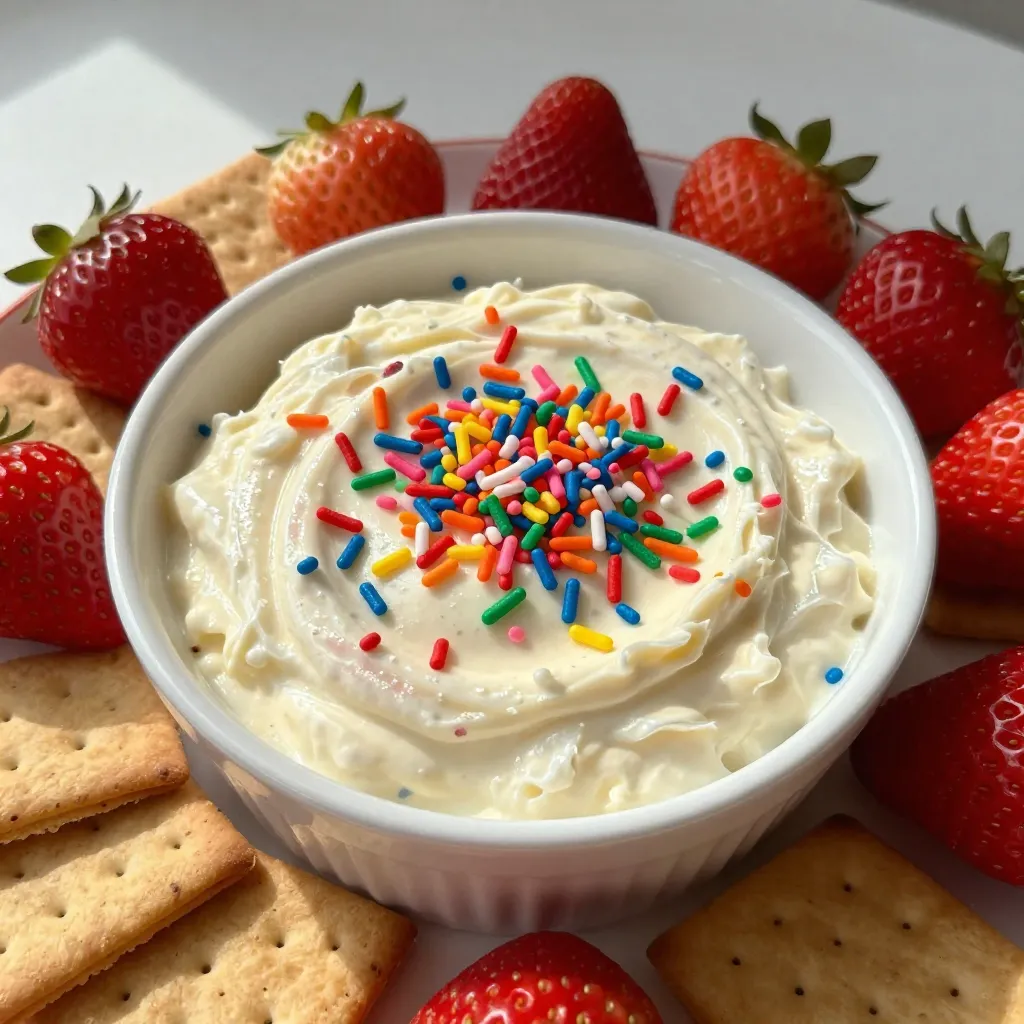 For this dip, use 1 cup of cream cheese. Make sure it's softened. Soft cream cheese blends easily. This ingredient gives the dip its creamy texture. Add 1/2 cup of powdered sugar. This sweetens the dip and adds fluff. It helps balance the tangy taste of the cream cheese. Include 1/2 cup of sour cream. This adds a nice tang to the dip. It also makes the dip even creamier. You need 1 teaspoon of vanilla extract. This ingredient boosts the dip's flavor. It adds warmth and sweetness that everyone loves. Use 1/2 cup of Funfetti cake mix, dry. This gives the dip its cake-like flavor. Plus, it adds more fun with colorful sprinkles. Add 1/2 cup of rainbow sprinkles. They bring joy and color to the dip. This is what makes it a fun birthday treat! Serve with fresh strawberries and graham crackers. These are perfect for dipping. Strawberries add fruitiness, while graham crackers give a nice crunch. {{ingredient_image_1}} Start by taking 1 cup of softened cream cheese. Place it in a large bowl. Use an electric mixer to beat the cream cheese. Mix until it becomes smooth and creamy. This step is key for a rich dip. Next, add 1/2 cup of powdered sugar to the bowl. Gradually mix it in. Keep beating until the mixture is fluffy and well combined. Then, stir in 1/2 cup of sour cream. Add 1 teaspoon of vanilla extract too. Keep mixing until everything is well blended. Now, it’s time to add some fun! Carefully fold in 1/2 cup of dry Funfetti cake mix. Be gentle so the colors stay bright. Then add 1/2 cup of rainbow sprinkles. Mix just enough to distribute them without breaking them apart. Transfer your dip to a serving bowl. Top it off with some extra sprinkles for a festive touch. Cover the bowl and chill it in the fridge for at least 30 minutes. This helps the flavors combine and makes it taste even better. When you’re ready to serve, take the dip out of the fridge. Pair it with fresh strawberries and graham crackers. Arrange them around the dip for a fun look. Enjoy this sweet treat that everyone will love! To get the best dip, start with softened cream cheese. This helps it mix well. Beat it until smooth. Then, add powdered sugar slowly. This keeps it fluffy and light. Fold in the cake mix gently. You want to keep the dips’ airy feel. For more flavor, use high-quality vanilla extract. It adds a lovely aroma. You can also add a pinch of salt. This can help balance the sweetness. If you like, mix in a little almond extract. It gives a fun twist to the taste. Serve the dip in a bright bowl. Top it with extra rainbow sprinkles for color. Place fresh strawberries and graham crackers around it. This makes it look festive and fun. You can even use small cups for individual servings. It adds a nice touch to any party! Pro Tips Use Room Temperature Cream Cheese: This ensures a smoother texture and easier mixing, preventing lumps in your dip. Chill Before Serving: Allowing the dip to chill for at least 30 minutes helps the flavors to meld and enhances the overall taste. Experiment with Dippers: While strawberries and graham crackers are great, try other options like pretzels or vanilla wafers for varied textures and flavors. Customize Your Sprinkles: Feel free to mix in different types of sprinkles or even edible glitter for a unique twist on your birthday cake dip. {{image_2}} You can easily make this dip gluten-free. Use a gluten-free cake mix instead of the regular Funfetti cake mix. Just check the label to ensure it is safe. The rest of the recipe stays the same. This way, everyone can enjoy the fun. Serve with fresh strawberries and gluten-free graham crackers for a tasty treat. To make a vegan version, swap out the cream cheese for vegan cream cheese. Use a plant-based sour cream, too. You can sweeten with maple syrup instead of powdered sugar. Make sure your cake mix is vegan as well. This version is just as fun and tasty. Everyone will love this dip at parties. Want to spice up the flavor? Try adding some chocolate or peanut butter. For a chocolate twist, mix in 1/4 cup of cocoa powder. This adds a rich taste to the dip. If you prefer peanut butter, add 1/4 cup of creamy peanut butter. This will give a nutty flavor that pairs well with the sweetness. Try these twists for a new take on your Funfetti dip! To store leftovers of your Funfetti Birthday Cake Dip, place it in an airtight container. Make sure the lid seals tightly. This keeps the dip fresh and tasty. If you have extra sprinkles on top, you can add them later when serving. In the refrigerator, your dip will stay good for about three to five days. Keep it cold to maintain its texture and flavor. Check for any changes in smell or color before serving. If it looks or smells off, it's best to toss it. You can freeze Funfetti Birthday Cake Dip for up to three months. To do this, put the dip in a freezer-safe container. Leave some space at the top, as it may expand when frozen. Thaw it in the fridge overnight when you're ready to enjoy it again. Mix well before serving for the best taste and texture. Yes, you can use other cake mixes. Chocolate or vanilla work well. Each mix gives a unique flavor. Just stick to the same amount, half a cup. This keeps the dip's creamy texture. To make this dip healthier, try these tips: - Use low-fat cream cheese. - Substitute Greek yogurt for sour cream. - Reduce the powdered sugar slightly. - Add more fruit for natural sweetness. These changes keep it tasty and lighter. You can dip many fun treats! Try these: - Fresh apple slices. - Mini pretzels for a salty crunch. - Vanilla wafers for a sweet touch. - Pita chips for a unique twist. All options pair well with the dip's sweetness. Chill the dip for at least 30 minutes. This time allows the flavors to mix well. The longer it sits, the better it tastes. You can even leave it in the fridge for a few hours. Yes, you can make this dip ahead. Prepare it the day before your event. Just store it in the fridge. Cover it tightly to keep it fresh. This helps save time on party day. This blog shows you how to make a fun and tasty Funfetti dip. You learned about the simple ingredients, like cream cheese, powdered sugar, and sprinkles. I shared clear steps for mixing and serving. Also, tips can help you get the perfect taste and texture. Variations offer options for gluten-free or vegan diets. Remember to store leftovers properly to enjoy later. With these ideas, you can make any celebration sweeter! Enjoy your dip with strawberries and graham crackers for a great treat!