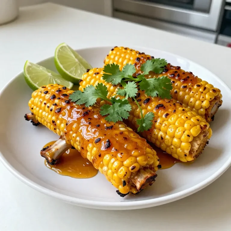 Here are the simple ingredients you need to make Spicy Honey Butter Corn Ribs: - 4 large ears of corn, husked and halved lengthwise - 4 tablespoons unsalted butter, softened - 2 tablespoons honey - 1 teaspoon smoked paprika - 1 teaspoon cayenne pepper (adjust to taste) - 1 teaspoon garlic powder - Salt and black pepper to taste - Fresh cilantro or parsley for garnish - Lime wedges for serving These ingredients create a sweet and spicy mix that makes the corn ribs shine. The corn brings a fresh taste, while the honey adds sweetness. The smoked paprika and cayenne give it that kick. Make sure to use fresh herbs for garnish to brighten up the dish. Lime wedges add a zesty touch that balances the flavors perfectly. {{ingredient_image_1}} - Preheat your grill or oven to 400°F (200°C). - In a small bowl, mix the softened butter, honey, smoked paprika, cayenne pepper, garlic powder, salt, and black pepper until smooth. This is your spicy honey butter. - Carefully cut the corn in half lengthwise to make ‘ribs’. You will get eight pieces from each ear of corn. - Brush each corn rib generously with the spicy honey butter. Make sure to coat all sides. Save any leftover butter for later. - Place the corn ribs on the grill or a baking sheet if you’re using an oven. Grill for 15-20 minutes, turning halfway, until tender and charred. If you bake, roast for 25-30 minutes, flipping once. - When done, take them off the grill or oven. Brush again with more spicy honey butter for extra flavor. How to achieve perfect grill marks To get those sought-after grill marks, heat your grill well. Make sure it reaches 400°F. Place the corn ribs on the grill and do not move them for about 5 minutes. This helps create those nice char lines. After 5 minutes, flip them carefully and repeat. Keep an eye on them to avoid burning. Adjusting spice levels to taste Spice levels can be tailored to your liking. Start with the full amount of cayenne pepper. If you want less heat, cut it down to half a teaspoon. You can always add more spice during cooking, but you can’t take it away. Taste the spicy honey butter before brushing it on the corn ribs. Best ways to serve with lime wedges Lime wedges add a fresh kick to the dish. Serve them on the side for guests. Squeeze some lime juice over the corn ribs just before eating. This brings out the sweet and spicy flavors, making each bite even better. Pairing with drinks or sides Corn ribs pair well with drinks like iced tea or lemonade. For sides, consider a fresh salad or grilled veggies. The lightness of these options complements the rich flavors of the corn. Enjoy the mix of tastes for a great meal. Pro Tips Choosing the Right Corn: Select fresh, firm corn with bright green husks for the best flavor and texture. Adjusting Spice Levels: Feel free to modify the amount of cayenne pepper based on your heat preference; start with less if you're unsure! Extra Char: For additional smokiness, consider grilling over charcoal instead of gas, or add some wood chips to the grill. Serving Suggestions: Pair these corn ribs with grilled meats or as a side dish at your next barbecue for a flavorful twist. {{image_2}} If you want to switch things up, there are great swaps for some ingredients. - Alternatives for honey: Use maple syrup or agave nectar for a different sweetness. Both options add a nice touch without losing flavor. - Non-dairy butter options: Try coconut oil or vegan butter if you want a dairy-free choice. These options still give that rich taste. You can also boost the flavors to make your corn ribs even better. - Adding cheese or spices: Sprinkle some feta cheese on top for a salty kick. You can also add chili powder for extra heat. Both add depth and richness. - Using different herbs for garnish: Fresh basil or mint can give a unique twist. These herbs bring a fresh taste that pairs nicely with the sweet and spicy notes. Store your Spicy Honey Butter Corn Ribs in an airtight container. This keeps them fresh. Place them in the fridge as soon as they cool. They will last about 3 days. If you want them to last longer, consider freezing. They can last up to 3 months in the freezer. Just remember to thaw them before reheating. To reheat corn ribs, use the oven or grill. Preheat to 350°F (175°C). Place the corn on a baking sheet. Heat for about 10 minutes until warm. If using a grill, turn it on low and heat for about 5-7 minutes. This keeps the texture nice and firm. For extra flavor, brush on some spicy honey butter before reheating. This brings back the taste and makes them even better! Can I make Spicy Honey Butter Corn Ribs ahead of time? Yes, you can prepare the corn ribs ahead. Cut the corn and mix the spicy honey butter. Store them in the fridge for up to 24 hours. When you are ready, just grill or bake them. This saves time and makes it easy to impress your guests. What other vegetables can I use in this recipe? You can use other veggies too. Try zucchini, bell peppers, or even eggplant. Just cut them into similar sizes. Brush them with the spicy honey butter and grill the same way. Experimenting can lead to fun new flavors. Is it suitable for vegetarian or vegan diets? This recipe is vegetarian but not vegan due to the butter and honey. To make it vegan, swap the butter for a plant-based alternative. Also, use maple syrup or agave instead of honey. This way, everyone can enjoy this tasty treat! Spicy Honey Butter Corn Ribs is a fun dish to make and serve. We covered the ingredients, preparation, cooking steps, and variations to make this dish perfect for you. Remember to adjust spices to your taste and think about serving with lime. Enjoy the fresh flavors and explore different versions. This dish is sure to impress at any meal. Get ready to grill, serve, and savor! You’ll love it!
