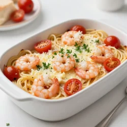 - 8 oz. linguine or penne pasta - 1 lb. large shrimp, peeled and deveined - 4 tablespoons unsalted butter - 4 cloves garlic, minced - 1 teaspoon red pepper flakes (adjust to taste) - 1 lemon, zested and juiced - 1 cup heavy cream - 1 cup shredded mozzarella cheese - ½ cup grated Parmesan cheese - 1 cup cherry tomatoes, halved - 2 tablespoons fresh parsley, chopped - Salt and pepper to taste The main ingredients create a rich and tasty dish. Linguine or penne pasta provides a perfect base. Large shrimp adds a sweet and tender touch. Unsalted butter gives a rich flavor, while garlic brings a warm aroma. Red pepper flakes add a mild kick. Lemon brightens the dish with freshness. Heavy cream makes it creamy and smooth. Mozzarella and Parmesan cheese create a gooey and flavorful topping. Cherry tomatoes add a pop of color and sweetness. Fresh parsley gives a nice green touch. Salt and pepper enhance all the flavors. - Baking dish - Skillet - Pot for boiling pasta - Cooking utensils Using the right tools makes cooking easy. A baking dish holds all the tasty goodness. A skillet is perfect for cooking shrimp and garlic. A pot is needed for boiling the pasta. Basic cooking utensils help mix and serve. Having these tools ready speeds up the cooking process. You’ll enjoy making this dish more with the right equipment. {{ingredient_image_1}} 1. Preheat your oven to 375°F (190°C). This helps the dish cook evenly. 2. Cook 8 oz. of linguine or penne pasta according to the package. Aim for al dente. Once cooked, drain the pasta and set it aside. 1. In a large skillet, melt 4 tablespoons of unsalted butter over medium heat. 2. Add 4 cloves of minced garlic and 1 teaspoon of red pepper flakes. Sauté for 1-2 minutes until fragrant. 3. Add 1 lb. of large shrimp, peeled and deveined. Cook the shrimp until they turn pink and opaque, about 3-4 minutes. Season with salt and pepper. 1. Stir in the juice and zest of 1 lemon, along with 1 cup of heavy cream. Mix well and let it simmer for 2-3 minutes. 2. In a large bowl, combine the cooked pasta, shrimp mixture, and 1 cup of halved cherry tomatoes. Add half of the shredded mozzarella and grated Parmesan cheese. Gently mix until all ingredients are well combined. 3. Transfer the pasta mixture into a greased 9x13 inch baking dish. 1. Add the remaining mozzarella and Parmesan cheese on top of the pasta. 2. Bake in the preheated oven for 25-30 minutes, or until the top is golden and bubbly. Cooking the pasta to al dente is key. Al dente means the pasta is firm but cooked. Boil your linguine or penne for about 8 minutes. This helps the pasta hold its shape during baking. To adjust flavor with spices, think about your taste. I like a hint of heat, so I use red pepper flakes. Start with one teaspoon and add more if you want it spicy. Don’t forget salt and pepper to enhance all those flavors. Pairing with garlic bread adds a nice touch. The crispy bread soaks up the creamy sauce. You can make simple garlic bread by spreading butter and minced garlic on slices, then toasting them. For wine, a crisp white pairs well with this dish. Look for a Pinot Grigio or Sauvignon Blanc. These wines will balance the rich flavors of the shrimp scampi. Garnishing with parsley makes the dish pop. Sprinkle freshly chopped parsley on top before serving. It adds color and a fresh taste. Serving in festive dishes makes it special. Use a nice baking dish or individual ramekins. This gives your meal a personal touch and is fun for guests. Pro Tips Use Fresh Shrimp: Fresh shrimp will elevate the flavor of your dish significantly. If using frozen shrimp, ensure they are fully thawed and drained before cooking. Al Dente Pasta: Cook the pasta to al dente, as it will continue to cook in the oven. This prevents it from becoming mushy. Customize the Spice: Adjust the amount of red pepper flakes according to your heat preference. You can also add a pinch of cayenne for extra kick! Garnishing: Fresh parsley adds a pop of color and a burst of freshness. You can also consider adding a sprinkle of lemon zest on top before serving for added brightness. {{image_2}} If you need gluten-free options, choose gluten-free pasta. Many brands offer tasty alternatives. You can find rice or chickpea-based pasta that works well. For vegans, consider using plant-based shrimp made from soy or mushrooms. These substitutes capture the texture and taste of shrimp nicely. You can switch up the cheeses to suit your taste. Try using cheddar or gouda instead of mozzarella. They add a different flavor profile. Adding fresh vegetables like spinach or bell peppers boosts nutrition and adds color. Sauté them briefly before mixing in for best results. For a richer taste, add a splash of white wine while cooking the shrimp. It enhances the flavor beautifully. You can also mix in fresh herbs like basil or thyme. These herbs bring a fragrant aroma and fresh taste to the dish. Experiment with your favorite herbs to find your perfect combination. To keep leftovers fresh, store them in airtight containers. This prevents moisture loss and keeps the dish tasty. I recommend using glass or plastic containers with tight lids. Make sure to let the dish cool before sealing. You can store it in the fridge for up to three days. When reheating, I suggest using the oven for the best results. Preheat your oven to 350°F (175°C). Place the dish in an oven-safe container and cover it with foil. This helps keep the shrimp moist. Heat for about 15-20 minutes. If you use a microwave, heat in short bursts. Stir between each burst to ensure even heating. To freeze Shrimp Scampi Pasta Bake, let it cool completely. Then, transfer it to a freezer-safe container. Make sure to leave some space at the top for expansion. You can freeze it for up to three months. When ready to eat, thaw it in the fridge overnight. Reheat it in the oven as described earlier to keep the texture and flavor intact. You can store Shrimp Scampi Pasta Bake for about three to four days in the fridge. Make sure to place it in an airtight container. This helps keep it fresh and safe to eat. Yes, you can prepare this dish ahead of time. Cook the pasta and shrimp mixture, then combine them. Cover the dish and place it in the fridge for up to 24 hours. When ready, just bake it as the recipe says. The best pasta options for this recipe are linguine or penne. Both types hold the sauce well and give a nice bite. You can also use other short pasta like fusilli or rotini if you prefer. In this blog post, I covered how to make a delicious Shrimp Scampi Pasta Bake. We discussed important ingredients, essential tools, and step-by-step cooking techniques. I also shared tips for perfecting your dish and creative variations. Remember, this recipe is adaptable for different diets and flavor profiles. Embrace the cooking process and enjoy each bite. Whether you're serving it for a special occasion or a simple weeknight meal, this dish is sure to impress. Happy cooking!
