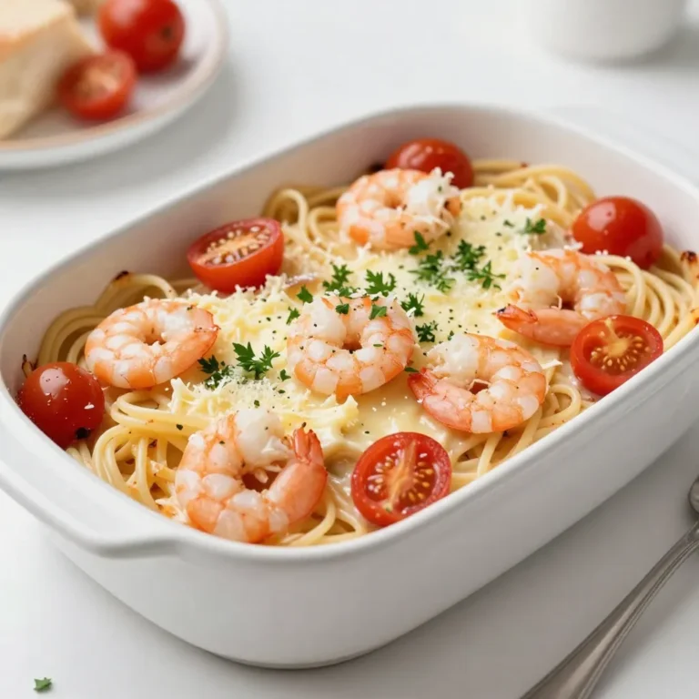 - 8 oz. linguine or penne pasta - 1 lb. large shrimp, peeled and deveined - 4 tablespoons unsalted butter - 4 cloves garlic, minced - 1 teaspoon red pepper flakes (adjust to taste) - 1 lemon, zested and juiced - 1 cup heavy cream - 1 cup shredded mozzarella cheese - ½ cup grated Parmesan cheese - 1 cup cherry tomatoes, halved - 2 tablespoons fresh parsley, chopped - Salt and pepper to taste The main ingredients create a rich and tasty dish. Linguine or penne pasta provides a perfect base. Large shrimp adds a sweet and tender touch. Unsalted butter gives a rich flavor, while garlic brings a warm aroma. Red pepper flakes add a mild kick. Lemon brightens the dish with freshness. Heavy cream makes it creamy and smooth. Mozzarella and Parmesan cheese create a gooey and flavorful topping. Cherry tomatoes add a pop of color and sweetness. Fresh parsley gives a nice green touch. Salt and pepper enhance all the flavors. - Baking dish - Skillet - Pot for boiling pasta - Cooking utensils Using the right tools makes cooking easy. A baking dish holds all the tasty goodness. A skillet is perfect for cooking shrimp and garlic. A pot is needed for boiling the pasta. Basic cooking utensils help mix and serve. Having these tools ready speeds up the cooking process. You’ll enjoy making this dish more with the right equipment. {{ingredient_image_1}} 1. Preheat your oven to 375°F (190°C). This helps the dish cook evenly. 2. Cook 8 oz. of linguine or penne pasta according to the package. Aim for al dente. Once cooked, drain the pasta and set it aside. 1. In a large skillet, melt 4 tablespoons of unsalted butter over medium heat. 2. Add 4 cloves of minced garlic and 1 teaspoon of red pepper flakes. Sauté for 1-2 minutes until fragrant. 3. Add 1 lb. of large shrimp, peeled and deveined. Cook the shrimp until they turn pink and opaque, about 3-4 minutes. Season with salt and pepper. 1. Stir in the juice and zest of 1 lemon, along with 1 cup of heavy cream. Mix well and let it simmer for 2-3 minutes. 2. In a large bowl, combine the cooked pasta, shrimp mixture, and 1 cup of halved cherry tomatoes. Add half of the shredded mozzarella and grated Parmesan cheese. Gently mix until all ingredients are well combined. 3. Transfer the pasta mixture into a greased 9x13 inch baking dish. 1. Add the remaining mozzarella and Parmesan cheese on top of the pasta. 2. Bake in the preheated oven for 25-30 minutes, or until the top is golden and bubbly. Cooking the pasta to al dente is key. Al dente means the pasta is firm but cooked. Boil your linguine or penne for about 8 minutes. This helps the pasta hold its shape during baking. To adjust flavor with spices, think about your taste. I like a hint of heat, so I use red pepper flakes. Start with one teaspoon and add more if you want it spicy. Don’t forget salt and pepper to enhance all those flavors. Pairing with garlic bread adds a nice touch. The crispy bread soaks up the creamy sauce. You can make simple garlic bread by spreading butter and minced garlic on slices, then toasting them. For wine, a crisp white pairs well with this dish. Look for a Pinot Grigio or Sauvignon Blanc. These wines will balance the rich flavors of the shrimp scampi. Garnishing with parsley makes the dish pop. Sprinkle freshly chopped parsley on top before serving. It adds color and a fresh taste. Serving in festive dishes makes it special. Use a nice baking dish or individual ramekins. This gives your meal a personal touch and is fun for guests. Pro Tips Use Fresh Shrimp: Fresh shrimp will elevate the flavor of your dish significantly. If using frozen shrimp, ensure they are fully thawed and drained before cooking. Al Dente Pasta: Cook the pasta to al dente, as it will continue to cook in the oven. This prevents it from becoming mushy. Customize the Spice: Adjust the amount of red pepper flakes according to your heat preference. You can also add a pinch of cayenne for extra kick! Garnishing: Fresh parsley adds a pop of color and a burst of freshness. You can also consider adding a sprinkle of lemon zest on top before serving for added brightness. {{image_2}} If you need gluten-free options, choose gluten-free pasta. Many brands offer tasty alternatives. You can find rice or chickpea-based pasta that works well. For vegans, consider using plant-based shrimp made from soy or mushrooms. These substitutes capture the texture and taste of shrimp nicely. You can switch up the cheeses to suit your taste. Try using cheddar or gouda instead of mozzarella. They add a different flavor profile. Adding fresh vegetables like spinach or bell peppers boosts nutrition and adds color. Sauté them briefly before mixing in for best results. For a richer taste, add a splash of white wine while cooking the shrimp. It enhances the flavor beautifully. You can also mix in fresh herbs like basil or thyme. These herbs bring a fragrant aroma and fresh taste to the dish. Experiment with your favorite herbs to find your perfect combination. To keep leftovers fresh, store them in airtight containers. This prevents moisture loss and keeps the dish tasty. I recommend using glass or plastic containers with tight lids. Make sure to let the dish cool before sealing. You can store it in the fridge for up to three days. When reheating, I suggest using the oven for the best results. Preheat your oven to 350°F (175°C). Place the dish in an oven-safe container and cover it with foil. This helps keep the shrimp moist. Heat for about 15-20 minutes. If you use a microwave, heat in short bursts. Stir between each burst to ensure even heating. To freeze Shrimp Scampi Pasta Bake, let it cool completely. Then, transfer it to a freezer-safe container. Make sure to leave some space at the top for expansion. You can freeze it for up to three months. When ready to eat, thaw it in the fridge overnight. Reheat it in the oven as described earlier to keep the texture and flavor intact. You can store Shrimp Scampi Pasta Bake for about three to four days in the fridge. Make sure to place it in an airtight container. This helps keep it fresh and safe to eat. Yes, you can prepare this dish ahead of time. Cook the pasta and shrimp mixture, then combine them. Cover the dish and place it in the fridge for up to 24 hours. When ready, just bake it as the recipe says. The best pasta options for this recipe are linguine or penne. Both types hold the sauce well and give a nice bite. You can also use other short pasta like fusilli or rotini if you prefer. In this blog post, I covered how to make a delicious Shrimp Scampi Pasta Bake. We discussed important ingredients, essential tools, and step-by-step cooking techniques. I also shared tips for perfecting your dish and creative variations. Remember, this recipe is adaptable for different diets and flavor profiles. Embrace the cooking process and enjoy each bite. Whether you're serving it for a special occasion or a simple weeknight meal, this dish is sure to impress. Happy cooking!
