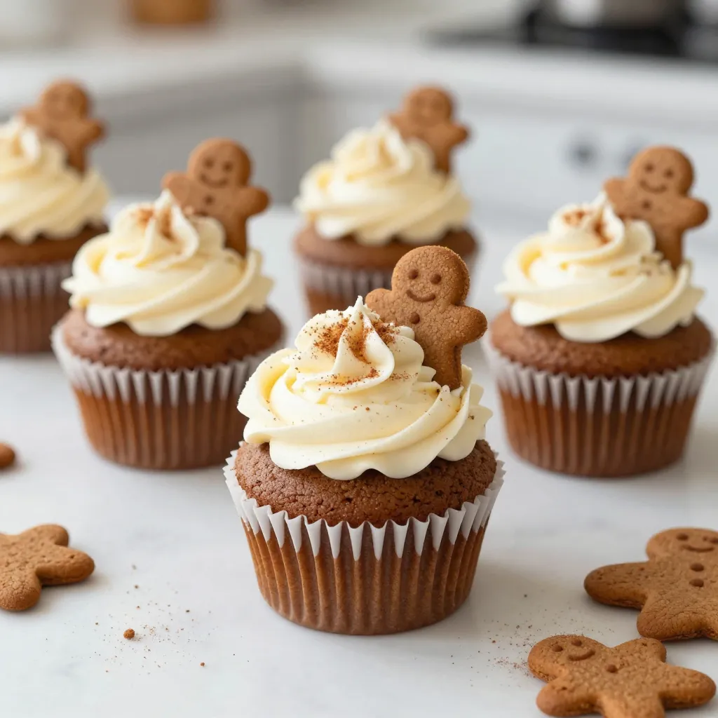 - 1 ½ cups all-purpose flour - 1 teaspoon baking soda - 1 teaspoon ground ginger - 1 teaspoon ground cinnamon - ½ teaspoon ground nutmeg - ¼ teaspoon ground cloves - ½ teaspoon salt - ½ cup unsalted butter, softened - ¾ cup brown sugar, packed - 2 large eggs - ½ cup molasses - ½ cup milk - 1 teaspoon vanilla extract These ingredients come together to create a warm and festive flavor. The spices give a rich, cozy taste. The molasses adds sweetness and moisture. You can try some easy swaps for these ingredients. If you need a dairy-free option, use a plant-based butter. For a lighter sweetener, replace brown sugar with coconut sugar. You can also use maple syrup instead of molasses for a different flavor. Measuring ingredients correctly is key for success. Use a dry measuring cup for flour and other dry items. Scoop the flour, then level it off with a knife. For sticky ingredients like molasses, spray your measuring cup with cooking spray before pouring. This helps the molasses slide out easily. Always check your oven temperature with an oven thermometer for the best results. {{ingredient_image_1}} First, set your oven to 350°F (175°C). This step makes sure the oven is hot when you bake. Next, grab a 12-cup muffin tray. Line each cup with cupcake liners. This keeps the cupcakes from sticking. It also makes them look nice. In a medium bowl, mix the dry ingredients. Combine 1 ½ cups of all-purpose flour, 1 teaspoon of baking soda, 1 teaspoon of ground ginger, 1 teaspoon of ground cinnamon, ½ teaspoon of nutmeg, ¼ teaspoon of cloves, and ½ teaspoon of salt. Whisk these together well and set them aside. Now, in a large bowl, cream ½ cup of softened unsalted butter with ¾ cup of packed brown sugar. Use an electric mixer for about 2-3 minutes. It should be creamy and smooth. Next, add 2 large eggs one at a time. Mix well after each egg. Then, pour in ½ cup of molasses and 1 teaspoon of vanilla extract. Blend until everything is combined. Slowly mix the flour blend into the wet mix. Alternate with ½ cup of milk. Start and end with the flour mix. Mix just until combined. Be careful not to over-mix; this keeps your cupcakes light and fluffy. Now, it’s time to fill the muffin cups. Use a spoon to divide the batter evenly, filling each cup about 2/3 full. This allows space for them to rise. Place the tray in the oven and bake for 18-20 minutes. Check for doneness by inserting a toothpick into the center of a cupcake. If it comes out clean, they are ready! Once baked, let the cupcakes cool in the tray for 5 minutes. Then, move them to a wire rack to cool completely. This cooling step is key before you frost them. Enjoy the sweet smell of gingerbread as they cool! Baking can be tricky. Here are some tips to help you. - Measure ingredients carefully. Use dry measuring cups for flour and sugar. - Don’t over-mix the batter. Mix until just combined for fluffy cupcakes. - Check your oven temperature. Use an oven thermometer for accuracy. These simple steps can help you make perfect gingerbread cupcakes. Frosting makes your cupcakes shine. Here are great ideas: - Cream cheese frosting pairs well with gingerbread. It’s sweet and tangy. - Simple vanilla frosting is always a hit. Just mix butter, sugar, and milk. - Sprinkle crushed gingerbread cookies on top for a festive touch. You can also use cinnamon or nutmeg for extra flavor. Serve your gingerbread cupcakes warm or at room temp. They taste best this way. - Pair with hot cocoa or spiced tea for a cozy treat. - Serve at holiday parties for a festive touch. - Wrap in cute boxes as gifts. These ideas make your cupcakes even more special! Pro Tips Use Room Temperature Ingredients: Ensure your butter, eggs, and milk are at room temperature for a smoother batter and better rise. Don't Overmix: Mix the batter until just combined to keep the cupcakes light and fluffy. Overmixing can lead to dense cupcakes. Check for Doneness: Insert a toothpick into the center of a cupcake; if it comes out clean or with a few crumbs, they are done. Experiment with Toppings: Try different frostings or toppings like whipped cream, caramel drizzle, or even a sprinkle of sea salt for a unique twist! {{image_2}} You can change up the spice blend to create new flavors. Adding a bit of cocoa powder turns your gingerbread cupcakes into chocolate gingerbread delights. Just replace 1/4 cup of flour with cocoa powder. If you want a cozy fall twist, try adding pumpkin puree. Use 1/2 cup of pumpkin instead of some of the liquid. This will keep the cupcakes moist and tasty. Toppings can take your cupcakes to the next level. I love using a cream cheese frosting for a rich taste. You can also use a simple vanilla frosting to let the gingerbread flavor shine. For a fun crunch, add some chopped nuts or crushed gingerbread cookies on top. Sprinkles add color and make them festive. You can easily make these cupcakes gluten-free. Just swap the all-purpose flour for a gluten-free blend. Make sure it works well for baking. For a dairy-free option, use coconut oil instead of butter and almond milk instead of regular milk. These swaps keep the flavor rich and delicious while meeting dietary needs. To keep your gingerbread cupcakes fresh, store them in an airtight container. Place them at room temperature if you plan to eat them within two days. If you want to keep them longer, put them in the fridge. This will help keep their flavor and moisture intact. You can freeze these cupcakes for up to three months. First, let them cool completely. Then, wrap each cupcake in plastic wrap tightly. Place the wrapped cupcakes in a freezer bag or container. Be sure to label the bag with the date. When you're ready to enjoy them, just pull them out and thaw overnight in the fridge. Reheating gingerbread cupcakes is easy. If they are frozen, thaw them overnight in the fridge. To warm them up, use a microwave. Heat them for about 10 to 15 seconds. Check to see if they are warm enough. You can also warm them in an oven. Preheat the oven to 350°F (175°C) and place the cupcakes on a baking sheet for about 5 minutes. This keeps them soft and tasty! Yes, you can make these cupcakes ahead of time. Bake them a day or two before your event. Once they cool, store them in an airtight container. This keeps them fresh and moist. You can frost them just before serving. This way, they stay pretty and tasty. The best way to frost gingerbread cupcakes is with cream cheese frosting. This adds a nice tang that complements the spice. You can also use a simple vanilla frosting for a lighter touch. For extra flair, sprinkle crushed gingerbread cookies or a dash of cinnamon on top. This makes them look festive and fun! You can tell the cupcakes are done when a toothpick comes out clean. Insert it into the center of a cupcake. If it comes out with no wet batter, they are ready. Another sign is a nice golden color on top. Make sure not to open the oven too soon, as this can cause them to sink. In this post, we covered how to bake cupcakes from start to finish. We listed the key ingredients and shared measuring tips for best results. You learned step-by-step instructions, plus tips to avoid mistakes. We explored fun flavor variations and storage tips for leftovers. Finally, we answered common questions about cupcakes. Baking cupcakes is fun and easy. With practice, your skills will grow. Enjoy creating delicious treats!