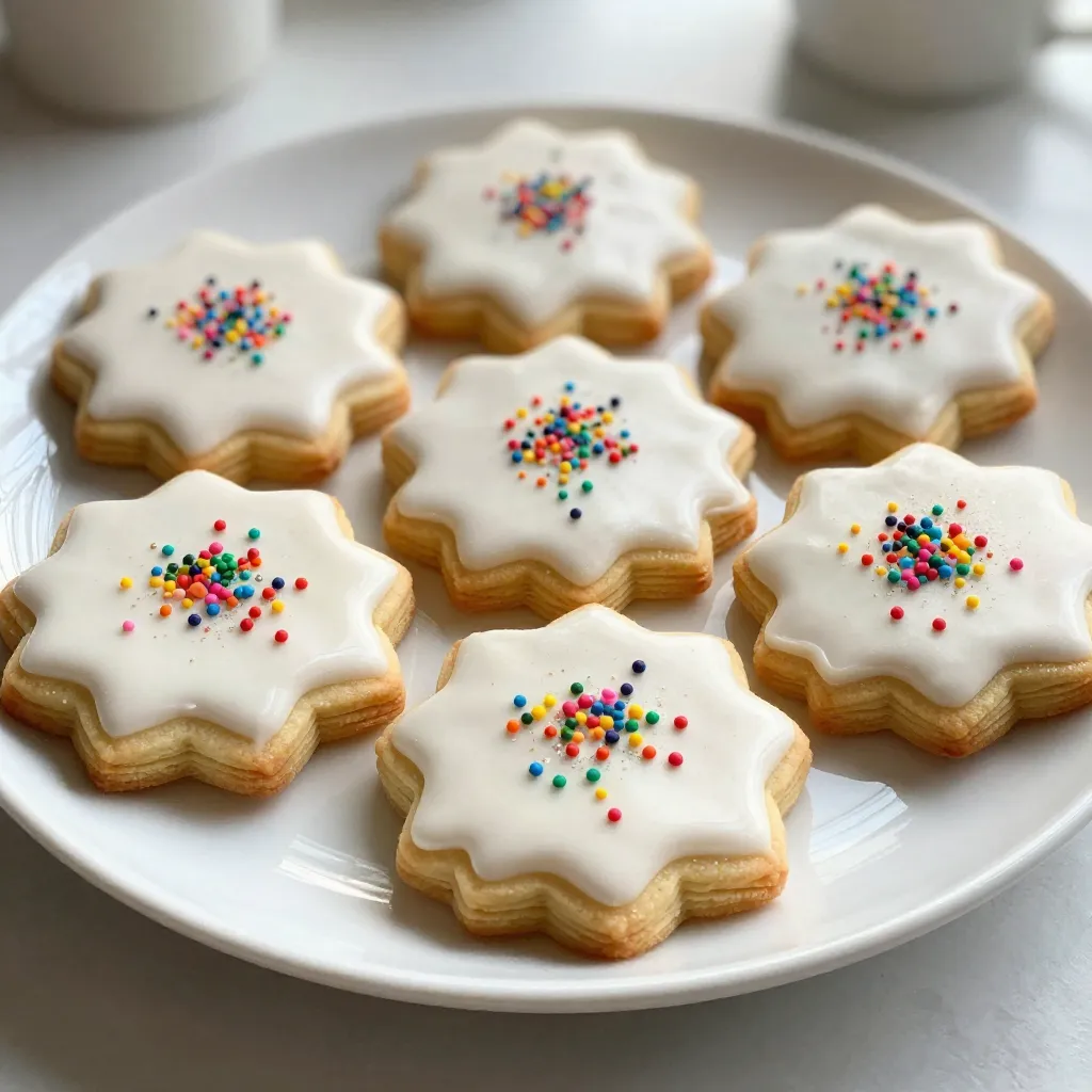 - 2 ½ cups all-purpose flour - 1 teaspoon baking powder - ½ teaspoon baking soda - ½ teaspoon salt - 1 cup unsalted butter, softened - 1 cup granulated sugar - 1 large egg - 2 teaspoons vanilla extract - ½ teaspoon almond extract - 1 cup royal icing (for decoration) - Sprinkles or edible glitter (for garnish) For Royale Sugar Cookies, you need simple ingredients. Each item plays a key role in making the cookies perfect. All-purpose flour helps give the cookies structure. It binds the other ingredients and provides a nice texture. Baking powder, baking soda, and salt are crucial for the right rise and balance in flavor. They ensure your cookies don’t fall flat. Unsalted butter adds a rich flavor. Make sure it’s softened. This helps it blend well with sugar. Granulated sugar sweetens the dough. It also helps cookies to spread while baking. Egg adds moisture and acts as a binder in the dough. Vanilla and almond extracts give a lovely aroma. They enhance the overall taste of the cookies. Royal icing is for decorating the cookies. It hardens and allows you to create beautiful designs. Sprinkles or edible glitter add a fun touch. They make your cookies look festive and special. Gather these ingredients, and you’ll be on your way to making delicious Royale Sugar Cookies! {{ingredient_image_1}} To start, grab a medium bowl. In this bowl, whisk together the dry ingredients: - 2 ½ cups all-purpose flour - 1 teaspoon baking powder - ½ teaspoon baking soda - ½ teaspoon salt Set this mixture aside for now. Next, take a large mixing bowl. Use an electric mixer to beat together 1 cup of softened unsalted butter and 1 cup of granulated sugar. Mix until the mixture is light and fluffy, which should take about 3 to 4 minutes. Now it's time to add the wet ingredients. Add 1 large egg, 2 teaspoons of vanilla extract, and ½ teaspoon of almond extract to the butter-sugar mix. Blend until everything is well combined. Finally, gradually add the dry ingredients to the wet mixture. Mix on low speed until just combined. Be careful not to over-mix, or your cookies may not be as soft. After mixing, divide the dough in half. Shape each half into a disk and wrap it in plastic wrap. Refrigerate the dough for at least 1 hour. Chilling is important. It helps the dough firm up, making it easier to roll out and cut into shapes later. Preheat your oven to 350°F (175°C). While the oven heats, prepare two baking sheets by lining them with parchment paper. Next, take one disk of chilled dough and place it on a lightly floured surface. Roll it out to about ¼ inch thick. Use cookie cutters to cut out your favorite shapes. Place these cookies on the baking sheets, leaving about 2 inches between each one. Bake the cookies for 8 to 10 minutes. Watch for the edges to turn a light golden color. Once baked, remove them from the oven and let them cool on the sheets for a few minutes. After that, transfer the cookies to a wire rack to cool completely. Once the cookies are cool, it's time for the fun part! Use royal icing to decorate your cookies. Add sprinkles or edible glitter for a royal touch. Enjoy these delightful treats! To get the right cookie texture, avoid over-mixing the dough. When you mix too much, the cookies can become tough. Mix until you just see the dry ingredients disappear. Using room temperature ingredients is key, too. When butter is soft, it blends well with sugar. This helps create a light and fluffy base. Take your butter and egg out an hour before you start baking. For royal icing, the right consistency is crucial. It should flow smoothly but hold its shape. To achieve this, add water slowly until you get the perfect mix. Use a piping bag for clean lines and details. Sprinkles and edible glitter add fun colors. Try different shapes and sizes for extra flair. You can even match sprinkles to your party theme for a festive touch. Present your cookies on a nice platter for special occasions. You can add small candies or fresh flowers around them. This makes a beautiful display that impresses guests. Pair these cookies with drinks like milk or tea. The soft sweetness of the cookies balances well with these beverages. Enjoying them this way makes for a delightful treat experience! Pro Tips Chill the Dough: Make sure to refrigerate the cookie dough for at least one hour. This helps the cookies maintain their shape while baking. Use Quality Extracts: For a richer flavor, opt for high-quality vanilla and almond extracts. This will enhance the overall taste of your cookies. Perfect Icing Consistency: When making royal icing, adjust the water for your desired consistency—thicker for outlining and thinner for flooding the cookies. Decorate with Care: Use a piping bag for more precision when decorating. This allows for intricate designs and better control of the icing. {{image_2}} You can easily change the flavor of your Royale Sugar Cookies. Here are some fun ideas: - Adding citrus zest or spices: Try adding lemon or orange zest for a bright taste. A pinch of cinnamon or nutmeg adds warmth. These flavors make your cookies unique and festive. - Using different extracts: Swap out the vanilla or almond extracts for others like coconut or peppermint. This small change gives a whole new flavor to each batch. Experiment with what you love! Decorating your cookies is just as fun as baking them. Here are some creative ideas: - Themed decorations for holidays: Create cookies for special days like Christmas or Halloween. Use colors and shapes that match the holiday. For Christmas, think snowflakes and trees. For Halloween, go for ghosts and pumpkins! - Alternative icing options: While royal icing is great, you can also use buttercream or glaze. Each icing gives a different look and taste. Try different colors to match your theme. Let your creativity shine! To keep your Royale Sugar Cookies fresh, use airtight containers. This method prevents air from making the cookies hard or stale. You can store them at room temperature for a few days. For longer storage, refrigerate them for up to a week. If you want to save cookies for later, freezing is a great option. Wrap each cookie in plastic wrap. Then, place them in a freezer-safe bag. They can stay in the freezer for up to three months. To enjoy, thaw them in the fridge overnight. Royale Sugar Cookies last about a week at room temperature. After that, they may lose their soft texture. Check for signs of spoilage, such as dryness or an off smell. If they feel hard or crumbly, it’s best to toss them. Always trust your senses; if it seems off, don’t eat it. Royale sugar cookies are soft, sweet treats that are often decorated with shiny royal icing. These cookies have roots in classic American baking. They are famous for their smooth surface, perfect for icing. The base of the cookie is simple, made with flour, butter, and sugar. The dough is easy to roll and cut into fun shapes. People enjoy these cookies at holidays, parties, and special events. The royal icing adds a pretty finish and can be tinted with colors. Yes, you can make these cookies ahead of time! Start by preparing the dough and chilling it in the fridge. You can keep the dough wrapped in plastic for up to three days. When you're ready, roll it out and cut shapes. You can also bake the cookies ahead of time. Store the baked cookies in an airtight container for up to a week. When it's time to serve, just decorate them with royal icing and enjoy! Royal icing and regular icing differ mainly in their ingredients and uses. Royal icing uses egg whites or meringue powder, making it firm and great for decorations. It dries hard, allowing for detailed designs. Regular icing, often made with powdered sugar and milk, stays soft and is ideal for spreading. It is less stable and doesn’t hold shapes well. Use royal icing for decorating cookies and regular icing for cakes or quick treats. Making royal sugar cookies is a fun process. We covered the key ingredients, detailed steps, and handy tips to get the best results. Remember, great cookies start with careful mixing and chilling. You can try new flavors and decorations to make them your own. Store them right to keep your cookies fresh. Enjoy sharing these sweet treats at your next event. With practice, you’ll create cookies that impress everyone around. Happy baking!