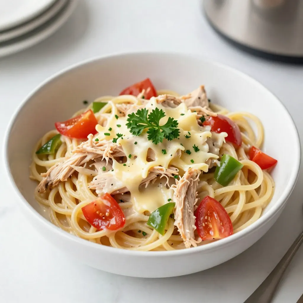 To make this dish, you need just a few key items. Here’s what you will need: - 1 lb (450g) boneless, skinless chicken breasts - 8 oz (225g) spaghetti - 1 can (10.5 oz) cream of mushroom soup - 1 cup chicken broth - 1 cup cream cheese, softened - 1 cup shredded mozzarella cheese - 1 cup diced tomatoes (fresh or canned, drained) - 1 green bell pepper, chopped - 1 onion, finely chopped - 3 cloves garlic, minced - 1 tsp Italian seasoning - Salt and pepper to taste Each ingredient plays a part in making the dish creamy and flavorful. The chicken acts as the protein base, while the cream cheese and soup create the rich sauce. For a nice touch, add some fresh herbs. Here are a couple of options: - Fresh parsley - Fresh basil These garnishes brighten the dish and add a pop of color. They also enhance the flavor, making each bite more enjoyable. When shopping for your veggies, keep these tips in mind: - Look for firm bell peppers with bright colors. Avoid any soft spots. - Choose onions that are heavy and free of blemishes. - For tomatoes, pick ones that are ripe and fragrant. Fresh produce makes a big difference in taste. Always aim for the best quality to elevate your meal. {{ingredient_image_1}} Start by placing the boneless, skinless chicken breasts at the bottom of the crockpot. This forms the base for our dish. Make sure they are spread out evenly. The chicken will soak up all the flavors from the sauce as it cooks. In a medium bowl, mix together the cream of mushroom soup, chicken broth, and softened cream cheese. Add in the Italian seasoning, minced garlic, salt, and pepper. Stir until smooth. This creamy sauce is the heart of the dish. It makes everything rich and flavorful. Pour the creamy mixture over the chicken in the crockpot. Next, add the chopped green bell pepper, finely chopped onion, and diced tomatoes on top. Do not stir yet. Cover the crockpot and cook on low for 6-8 hours or on high for 3-4 hours. The chicken should be fully cooked and tender when done. Once the chicken is cooked, take it out and shred it with two forks. Return the shredded chicken to the pot. Break the spaghetti in half and stir it into the creamy sauce. Cover and cook on high for another 30 minutes, or until the pasta is al dente. Finally, stir in the shredded mozzarella cheese until it melts. Adjust the seasonings to your taste. Serve hot, garnished with fresh parsley or basil if you like. Enjoy your creamy chicken spaghetti! For the best flavor and texture, cook your dish on low for 6-8 hours. This slow method allows the chicken to become very tender. If you're short on time, you can cook it on high for 3-4 hours. Just make sure to check the chicken's doneness at the end. It should be fully cooked and easy to shred. Shredding chicken can feel tricky, but it’s simple. Use two forks to pull apart the chicken. Start by placing the chicken on a plate after cooking. Hold one fork in each hand. Use one fork to hold the meat steady. Then, use the other fork to pull apart the chicken. It should come apart easily, giving you nice, shredded pieces for the pasta. To boost the flavor, use fresh herbs like parsley or basil. You can add these right before serving. Italian seasoning brings warmth and depth to the dish. Taste the creamy sauce before adding more salt or pepper. Adjust based on your preference for a perfect balance. A squeeze of lemon juice can also brighten the flavors. Pro Tips Cook Chicken Until Tender: Ensure the chicken is cooked until it’s tender and easily shredded; this will enhance the texture and flavor of the dish. Use Fresh Ingredients: For the best flavor, try using fresh vegetables and herbs; they can elevate the taste of your creamy sauce. Adjusting Thickness: If you prefer a thicker sauce, reduce the amount of chicken broth slightly or add more cream cheese. Leftover Storage: This dish stores well in the refrigerator for up to 3 days; simply reheat on the stove or in the microwave for a quick meal. {{image_2}} You can add more veggies to make this dish even better. Try adding sliced carrots, mushrooms, or zucchini for extra flavor and nutrition. Spinach is also a great choice. Just toss them in the crockpot with the other veggies. They will cook down and blend well with the creamy sauce. You can mix and match based on what you have at home or what you love. If you need a gluten-free option, use gluten-free spaghetti or another gluten-free pasta. There are many types available, such as brown rice or chickpea pasta. Just cook them according to the package instructions. You can add them to the creamy sauce at the end, just like regular pasta. This way, you can enjoy the same great taste without the gluten. Cheese makes this dish creamy and delicious. While mozzarella is the star here, you can experiment with other cheeses too. Try using cheddar for a sharper taste or cream cheese for extra creaminess. A mix of cheeses can make it even better! Just remember to adjust the amounts according to your taste. Cheese lovers will appreciate the extra meltiness! After making Crockpot Creamy Chicken Spaghetti, let the dish cool. Transfer any leftovers to an airtight container. This helps keep the flavors fresh. Store it in the fridge for up to three days. If you want to enjoy it later, proper storage is key. When you're ready to eat, take the leftovers out of the fridge. You can reheat them in the microwave or on the stove. If using the microwave, heat in short bursts. Stir often to avoid hot spots. If you use the stove, warm it over medium heat. Add a splash of broth if it seems dry. You can freeze Crockpot Creamy Chicken Spaghetti for later. Use a freezer-safe container or a zip-top bag. Make sure to remove as much air as possible before sealing. It can last in the freezer for up to three months. When ready to eat, defrost it overnight in the fridge. Then reheat it as described above. This way, you can enjoy a cozy meal anytime! Yes, you can use frozen chicken breasts. Just keep in mind that it may need more time to cook. The chicken will take longer to reach a safe temperature. If you're in a rush, try to thaw the chicken first. To thicken your sauce, you have a few options. You can add more cream cheese or use a cornstarch slurry. Mix equal parts cornstarch and cold water, then stir it in. Cook for a few more minutes until it thickens. If you do not have cream cheese, you can use sour cream or Greek yogurt. Both will add creaminess and a nice tang. Another option is to use ricotta cheese for a different flavor. Yes, if you want to speed things up, cook it on high heat instead of low. The high setting takes about 3 to 4 hours. You can also cut the chicken into smaller pieces to reduce cooking time. Absolutely! To make this in an Instant Pot, add all the ingredients as listed. Cook on high pressure for about 10 minutes. After cooking, do a quick release and stir in the pasta. Cook the pasta separately if you want it al dente. Crockpot creamy chicken spaghetti is a simple and tasty dish. We covered ingredients, cooking steps, and tips to make it just right. You can tweak the recipe to your taste, like using different cheeses or adding veggies. Proper storage is key for future meals. In the end, this dish can be a hit for any meal, and you can customize it to your liking. Enjoy cooking and sharing this dish with family and friends!