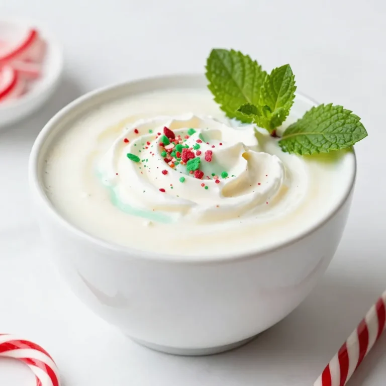 - 4 cups eggnog (store-bought or homemade) - 1 cup peppermint-flavored syrup - 2 cups milk (whole or almond) - 1 teaspoon vanilla extract - 1 teaspoon peppermint extract - Crushed peppermint candies (for garnish) - Whipped cream (for serving) - Fresh mint leaves (for garnish) To make peppermint eggnog punch, you need simple ingredients. First, we start with eggnog. You can use store-bought eggnog or make it at home if you prefer. Next, add peppermint-flavored syrup. This syrup gives our punch a sweet minty flavor. For the creaminess, we use milk. You can choose whole milk or almond milk based on your taste. The vanilla and peppermint extracts add depth to the flavor. These extracts are key for a rich and balanced taste. Garnishing is fun! Crushed peppermint candies add color and crunch. Whipped cream on top makes it festive and creamy. Finally, fresh mint leaves add a nice touch of green and a hint of freshness to each glass. Gather these ingredients, and you're ready to create a delightful drink that will impress your guests. Enjoy crafting this festive punch! {{ingredient_image_1}} - In a large punch bowl, combine 4 cups of eggnog, 1 cup of peppermint-flavored syrup, and 2 cups of milk. - Stir well until all the ingredients mix together nicely. - Next, add 1 teaspoon of vanilla extract and 1 teaspoon of peppermint extract. Stir gently to blend the flavors. - Chill the mixture in the refrigerator for at least 30 minutes. This helps the flavors meld and taste even better. - Once chilled, give the punch a good stir. - Ladle the punch into individual glasses. - Top each glass with a generous dollop of whipped cream. - For a festive touch, garnish with crushed peppermint candies and a fresh mint leaf. This punch will surely add joy to any holiday gathering! - Ensure all ingredients are well integrated. This helps create a smooth texture. - Use chilled ingredients for best results. Cold eggnog and milk keep the punch refreshing. When mixing, stir gently to maintain the airiness. I like to use a large spoon. This makes it easy to blend everything well. If you use warm ingredients, your punch may separate. Keeping everything cold makes it creamy and tasty. - Pair with holiday cookies or pastries. The sweet treats enhance the punch's flavor. - Use festive glasses for presentation. Pretty glasses make the drink more fun. I love to serve this punch in clear glasses. You can see the whipped cream and colorful candies. It adds to the party vibe. For a special touch, add a candy cane to each glass. This looks great and gives a peppermint twist! Pro Tips Use Quality Eggnog: For the best flavor, choose high-quality eggnog, whether store-bought or homemade, as it forms the base of your punch. Chill Before Serving: Allow the punch to chill for at least 30 minutes before serving to enhance the flavors and provide a refreshing drink. Experiment with Milk: Feel free to substitute whole milk with almond or oat milk for a dairy-free option that still tastes delicious. Garnish Creatively: Use a mix of crushed peppermint candies and fresh mint leaves to create a visually appealing and festive presentation. {{image_2}} You can easily change the flavor of your punch. If you want an adult version, try adding spiced rum or vodka. Just mix 1 to 1.5 cups of your chosen spirit into the punch. This will give it a nice kick. If you prefer a non-alcoholic drink, stick with the original recipe. Another way to customize is to swap almond milk for other non-dairy options. You might choose oat milk or coconut milk. Both can add a unique taste that pairs well with peppermint. They also keep the drink creamy and delicious. For those who follow a vegan diet, you can find vegan eggnog in stores. This kind is made without eggs or dairy. It tastes great and works perfectly in this recipe. Just check the label to ensure it fits your needs. If you are lactose intolerant, use lactose-free eggnog. This option allows you to enjoy the same great taste without any issues. You can also make your own eggnog with almond milk, coconut cream, and your favorite sweetener. Adjust the recipe to suit your taste. Store leftover punch in a clean pitcher. Cover it well with plastic wrap or a lid. This keeps the punch fresh for up to three days. The flavors will stay nice, but the mint may lose some of its crunch. You can add fresh mint or crushed candies again before serving. Can you freeze eggnog punch? Yes, you can freeze it. However, the texture may change when you thaw it. The creaminess might not be the same. Use an airtight container to freeze the punch. Leave some space for expansion as it freezes. Tips for thawing and serving after freezing: - Thaw in the fridge overnight for best results. - Stir well after thawing to mix any separated ingredients. - Serve chilled and add fresh toppings like whipped cream and mint. This will help bring back the festive feel. Eggnog is a creamy drink made with milk, cream, sugar, and eggs. It is often spiced with nutmeg or cinnamon. Many people enjoy it during the holiday season. You can find it in stores or make it at home. Yes, you can make this punch ahead of time. Just prepare it and chill it in the fridge. The flavors will blend well after a few hours. Serve it when you are ready for your guests. The punch can last up to three days in the fridge. Keep it in a sealed container to maintain its freshness. Stir it before serving to mix the flavors again. Peppermint extract adds a nice minty flavor. However, it is not necessary if you prefer a milder taste. You can skip it or use more peppermint syrup instead. Absolutely! This recipe is already non-alcoholic. It is perfect for all ages. Just enjoy the rich flavors without any alcohol added. This article covers how to make a creamy peppermint eggnog punch. You learned about the needed ingredients and the easy steps to prepare it. We discussed tips for mixing and serving that enhance flavor. You also saw variations for adults and non-dairy options. In conclusion, this festive drink is perfect for holiday gatherings. With simple steps and fun tweaks, you can impress your guests. Enjoy this delicious treat that brightens any celebration!