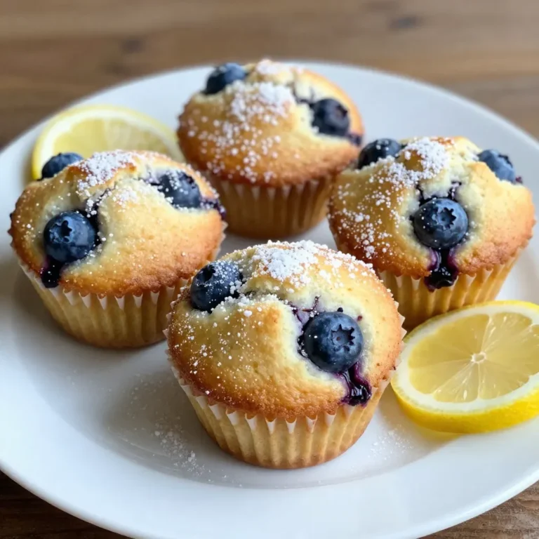 - 1 cup all-purpose flour - 1 cup whole wheat flour - 1 teaspoon baking powder - 1 teaspoon baking soda - ½ teaspoon salt - 1 cup granulated sugar - 2 large eggs - 1 cup plain yogurt (Greek or regular) - 1/3 cup vegetable oil - Zest of 1 lemon - 2 tablespoons fresh lemon juice - 1 cup fresh blueberries (or frozen, if necessary) To make the best blueberry lemon yogurt muffins, you need simple ingredients. Each one plays a key role. For flour, I use both all-purpose and whole wheat. This mix gives a nice texture and flavor. The baking powder and baking soda help the muffins rise. Sugar makes these muffins sweet and tasty. Eggs add moisture and help bind the mix together. Yogurt is essential for a soft crumb. You can pick Greek yogurt or regular yogurt, both work well. Vegetable oil keeps the muffins moist. Lemon zest and juice bring a fresh, bright taste. Finally, blueberries add a burst of flavor. You can use fresh or frozen. Just make sure to fold them in gently to avoid breaking them apart. Each ingredient is important for creating delicious muffins. {{ingredient_image_1}} - Preheat oven and prepare muffin tin: Start by preheating your oven to 350°F (175°C). Line a muffin tin with paper liners or lightly grease with cooking spray. This helps the muffins come out easily after baking. - Mix dry ingredients in a bowl: In a large mixing bowl, whisk together 1 cup of all-purpose flour, 1 cup of whole wheat flour, 1 teaspoon of baking powder, 1 teaspoon of baking soda, and ½ teaspoon of salt. Make sure they are well mixed for even texture. - Combine wet ingredients in a separate bowl: In another bowl, beat together 1 cup of granulated sugar, 2 large eggs, 1 cup of plain yogurt, 1/3 cup of vegetable oil, the zest of 1 lemon, and 2 tablespoons of fresh lemon juice. Mix until it is smooth and creamy. - Combine wet and dry ingredients carefully: Gradually pour the wet mixture into the dry ingredients. Use a spatula to fold them gently together. Do not overmix; it’s okay if there are a few lumps. This keeps your muffins light and fluffy. - Fold in blueberries: Gently fold in 1 cup of fresh blueberries. Ensure they are evenly distributed throughout the batter. This adds flavor and a burst of color to each muffin. - Fill muffin cups with batter: Divide the batter evenly among the prepared muffin cups. Fill each cup about 2/3 full. This gives them room to rise without overflowing. - Bake and check for doneness: Place the muffin tin in the preheated oven. Bake for 18-20 minutes. Check for doneness by inserting a toothpick into the center of a muffin. If it comes out clean, they are ready. - Cooling tips after baking: Once baked, remove the muffins from the oven. Let them cool in the tin for about 5 minutes. Then, transfer them to a wire rack to cool completely. This helps them maintain their texture. - Best baking time and temperature: Bake these muffins at 350°F (175°C) for 18-20 minutes. This helps them cook evenly and stay moist. - Importance of not overmixing: Mix just until combined. Overmixing can create tough muffins. A few lumps in the batter are perfectly fine. - How to check muffins for doneness: Insert a toothpick into the center of a muffin. If it comes out clean, the muffins are ready. - Decorative plating ideas: Arrange the muffins on a bright plate. Dust with powdered sugar for a beautiful finish. This simple touch makes them look fancy. - Serving suggestions with accompaniments: Serve with lemon slices or a dollop of yogurt on the side. These add extra flavor and a refreshing touch. Pro Tips Use Room Temperature Ingredients: Allow your eggs and yogurt to sit at room temperature for about 30 minutes before mixing. This helps to create a smoother batter and ensures even baking. Protect Your Blueberries: Toss the blueberries in a little bit of flour before adding them to the batter. This prevents them from sinking to the bottom of the muffins during baking. Monitor Baking Time: Ovens can vary in temperature, so check your muffins a couple of minutes before the end of the suggested baking time. They are done when a toothpick inserted comes out clean. Experiment with Zest: For a more intense lemon flavor, consider adding extra lemon zest or even a touch of lemon extract to the batter for an added zing. {{image_2}} You can make these blueberry lemon yogurt muffins even more tasty. Try adding spices like cinnamon or nutmeg. A pinch of cinnamon gives a warm flavor that pairs well with lemon. Nutmeg adds a nice depth too. You can also use different fruits. Raspberries or blackberries work great in this recipe. They bring their own unique taste and color. Mix and match to find your favorite flavor! If you need gluten-free muffins, it's easy to swap the flour. Use a gluten-free blend instead of all-purpose and whole wheat flour. This keeps the muffins light while making them safe for those who cannot eat gluten. For a low-sugar option, you can use a sugar substitute like stevia or monk fruit. This makes the muffins healthier without losing flavor. These tweaks help everyone enjoy the muffins! To keep your blueberry lemon yogurt muffins fresh, use an airtight container. Store them at room temperature for up to three days. If you want to keep them longer, place the muffins in the fridge. They can last about a week this way. For even more time, freeze the muffins. Wrap each muffin in plastic wrap and then place them in a freezer bag. They can last for up to three months in the freezer. When you want one, just take it out and thaw it at room temperature. To enjoy your muffins warm, preheat your oven to 350°F (175°C). Place the muffins on a baking sheet and heat them for about 5 to 10 minutes. This will bring back their soft texture. You can also use the microwave. Heat each muffin for 15 to 20 seconds. This method is quick and easy, but the oven gives better results. Enjoy your muffins fresh and tasty! Can I use frozen blueberries? Yes, you can use frozen blueberries. Just add them directly to the batter. Do not thaw them first. This helps keep the muffins moist and adds nice bursts of flavor. How do I make these muffins dairy-free? To make dairy-free muffins, swap the yogurt with a plant-based yogurt. Look for options made from almond or coconut. This change keeps the muffins soft and tasty. What can I substitute for yogurt in this recipe? If you need a yogurt substitute, you can use applesauce or mashed banana. Both options will keep the muffins moist and add a touch of sweetness. Approximate calories per muffin: Each muffin has about 180 calories. This makes them a great snack or breakfast choice. Overview of key nutrients: These muffins offer a good mix of nutrients, including: - Protein from yogurt and eggs - Fiber from whole wheat flour and blueberries - Vitamins C and K from lemons and blueberries This blog post covered everything you need to make tasty muffins. We discussed the key ingredients, from flour to fresh blueberries. I shared easy steps to prepare and bake your muffins perfectly. You also learned tips to enhance flavor and store your muffins well. Don’t forget the fun variations and dietary options, too. Baking can be simple and enjoyable. Get creative and make these muffins your own!