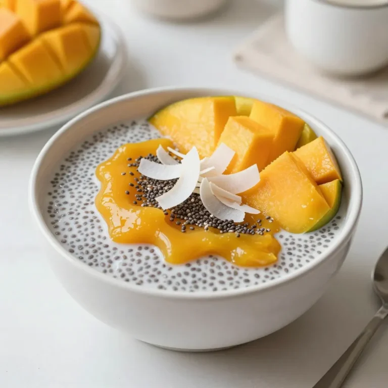 To make Mango Coconut Chia Pudding, gather the following ingredients: - 1 cup coconut milk - 1 cup ripe mango, pureed - 1/4 cup chia seeds - 2 tablespoons maple syrup (or honey) - 1/2 teaspoon vanilla extract - Pinch of salt - Fresh mango slices and shredded coconut for topping You can change some ingredients if needed. For coconut milk, try almond milk for a lighter taste. If you don’t have mango, use peach or banana puree. For sweeteners, agave syrup or stevia can work too. If you want a different flavor, you might add almond extract instead of vanilla. Use unsweetened coconut flakes for a low-sugar topping. - Coconut milk: This creamy base is rich in healthy fats that give energy. - Ripe mango: Mango adds natural sweetness and vitamin C for a strong immune system. - Chia seeds: These tiny seeds are packed with fiber, protein, and omega-3 fatty acids. - Maple syrup or honey: Both sweeteners provide quick energy and have antioxidants. - Vanilla extract: This adds flavor and may help reduce inflammation. - Salt: A pinch enhances the taste and balances sweetness. - Fresh mango slices and shredded coconut: These toppings add vitamins and healthy fats for a tasty finish. {{ingredient_image_1}} Start by grabbing a medium mixing bowl. Add 1 cup of coconut milk to the bowl. Next, pour in 1 cup of ripe mango puree. You can make the puree by blending fresh mango. Then, add 2 tablespoons of maple syrup or honey for sweetness. Toss in 1/2 teaspoon of vanilla extract and a pinch of salt. Whisk all these ingredients together until they blend well. Finally, stir in 1/4 cup of chia seeds, ensuring they are evenly spread throughout the mix. Cover the bowl tightly and place it in the fridge. Let the mixture chill for at least 4 hours, but overnight is even better. This gives the chia seeds time to soak up moisture and thicken the pudding. When you take it out, stir the pudding well. This helps break up any clumps that might form. Spoon the thickened chia pudding into individual serving glasses. This makes it look fancy and fun. Top each glass with fresh mango slices for color and taste. Finish with a sprinkle of shredded coconut. This adds extra flavor and a nice texture. Enjoy your beautiful and tasty Mango Coconut Chia Pudding! To get the best texture for your mango coconut chia pudding, you must whisk well. Mix the coconut milk and mango puree until smooth. This helps chia seeds absorb liquid evenly. Stir the chia seeds in gently but thoroughly. Letting it chill overnight gives it a creamier texture. You can adjust sweetness easily. Add more maple syrup or honey if you like it sweeter. If you prefer less sweetness, cut the maple syrup in half. You can also add a squeeze of lime for a zesty kick. Don’t forget to taste as you go! One common mistake is not letting the pudding chill long enough. If you skip chilling, your pudding will be runny. Another mistake is adding too many chia seeds. Stick to the recipe's 1/4 cup for the right consistency. Lastly, remember to stir well before serving. This breaks up clumps and makes it smooth. Pro Tips Use Ripe Mangoes: Ensure your mangoes are perfectly ripe for the sweetest flavor and smoothest texture in the pudding. Chill Overnight: For best results, allow the pudding to chill overnight; this maximizes the chia seeds' ability to absorb moisture. Customize Sweetness: Adjust the amount of maple syrup or honey based on your sweetness preference and the ripeness of the mango. Experiment with Toppings: Feel free to add a variety of toppings like nuts, seeds, or different fruits for added flavor and crunch. {{image_2}} You can mix up the flavor of your mango coconut chia pudding by adding other fruits. Try using pureed strawberries or blueberries for a berry twist. You can also blend in ripe bananas for a creamy texture. Each fruit gives a new taste and keeps things fun. You might even try a mix of fruits for a colorful treat. Just remember, the fruit's sweetness can change the taste of your pudding. If you want to make this pudding vegan, swap maple syrup for agave nectar. For a sugar-free option, use a sugar substitute like stevia or monk fruit. Both options will keep your pudding sweet without added sugar. Another tip is to use unsweetened coconut milk for fewer calories. These small changes help you enjoy this treat while sticking to your diet. When serving this pudding for a party, use fancy glasses or bowls. Layer the pudding with fresh mango and shredded coconut for a beautiful look. You can also add a drizzle of fruit syrup or a sprinkle of nuts on top. For a tropical theme, serve it with mini paper umbrellas or fresh mint leaves. These little touches can impress your guests and make your dessert special. To keep your mango coconut chia pudding fresh, store it in airtight containers. Glass jars work well. They help maintain moisture and flavor. Always let the pudding cool completely before sealing. This prevents condensation, which can make the pudding watery. Your chia pudding can last up to five days in the fridge. After five days, the texture may change. If you want to freeze it, pour the pudding into freezer-safe containers. It can stay frozen for up to three months. Thaw it in the fridge overnight before eating. Before serving, stir the pudding well. If it looks thick, add a splash of coconut milk. This helps restore its creamy texture. Top it with fresh mango slices and shredded coconut for a tasty finish. Enjoy the deliciousness! Yes, you can make this pudding ahead of time. It actually tastes better when chilled for a while. You can prepare it the night before. This gives the chia seeds enough time to soak and thicken. Just store it in the fridge until you are ready to eat. Chia pudding should be thick and creamy. After chilling, it should hold its shape when you scoop it. If it looks too runny, let it sit longer in the fridge. Stir it again and check after an hour. The seeds will absorb more liquid and thicken up nicely. You can use almond milk, oat milk, or soy milk if you prefer. Each milk will give a different taste. Almond milk adds a nutty flavor, while oat milk is creamier. Choose a milk that you enjoy. Just ensure it is unsweetened to control the sugar in your pudding. Yes, chia pudding is very healthy! Chia seeds are packed with fiber, protein, and healthy fats. They help keep you full longer and support digestion. Coconut milk adds healthy fats but is also rich in calories. Enjoy this pudding as a treat, but remember to balance it with other foods. This blog post covered key ingredients, tips, and variations for chia pudding. I shared how to prepare and store it properly. You now have helpful ideas for serving and adjusting flavors. In the end, chia pudding is simple, healthy, and fun to make. Experiment with flavors and enjoy your creations!