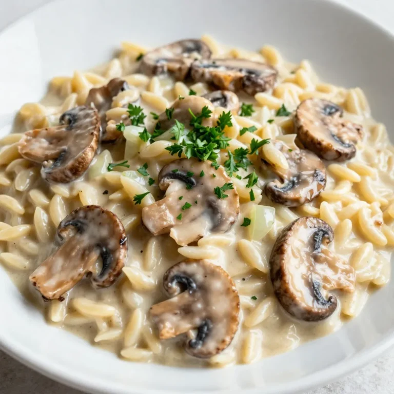 To start your creamy mushroom orzo, gather these key ingredients: - 1 cup orzo pasta - 2 tablespoons olive oil - 1 medium onion, finely chopped - 3 cloves garlic, minced - 8 ounces mushrooms (cremini or button), sliced - 4 cups vegetable broth - 1 cup heavy cream (or a non-dairy alternative) - 1/2 cup grated Parmesan cheese (or nutritional yeast for a vegan option) - 1 teaspoon dried thyme - Salt and pepper, to taste - Fresh parsley, chopped, for garnish These ingredients create a rich and comforting dish. The orzo serves as the base, soaking up flavors from the broth and cream. The mushrooms add a savory touch, while the herbs give extra depth. If you want to elevate your dish, consider these optional ingredients: - A splash of white wine for acidity - A pinch of red pepper flakes for heat - Fresh herbs like basil or thyme for brightness These additions can enhance your creamy mushroom orzo. A splash of wine adds acidity, balancing the creaminess. You can easily adapt this recipe for different diets: - Use gluten-free orzo pasta for a gluten-free option - Swap heavy cream with coconut cream for a dairy-free dish - Replace Parmesan with nutritional yeast for a vegan choice These substitutions ensure that everyone can enjoy this creamy mushroom orzo. Choose what fits your needs while keeping the dish tasty and satisfying. {{ingredient_image_1}} Start by heating 2 tablespoons of olive oil in a large skillet over medium heat. Once the oil is hot, add 1 medium onion, finely chopped. Sauté the onion until it becomes translucent, which takes about 5 minutes. This step adds a sweet note to the dish. Next, add 3 cloves of minced garlic and 8 ounces of sliced mushrooms. I like using cremini or button mushrooms for their rich flavor. Cook them together until the mushrooms soften and release their moisture. This usually takes about 7 to 8 minutes. Stir often to avoid burning. Once your base is ready, stir in 1 cup of orzo pasta. Make sure the orzo gets well mixed with the onions and mushrooms. This helps the pasta soak in all those great flavors. Now it’s time to pour in 4 cups of vegetable broth. Stir the mixture constantly to keep it smooth. Bring everything to a gentle simmer. Cook for about 10 to 12 minutes. You want the orzo to be al dente and most of the broth absorbed. Keep an eye on it; you don’t want it to stick. After the orzo is cooked, lower the heat. Stir in 1 cup of heavy cream, which makes this dish rich and creamy. If you prefer, you can use a non-dairy alternative. Then add 1/2 cup of grated Parmesan cheese or nutritional yeast for a vegan option. Season with 1 teaspoon of dried thyme, salt, and pepper to taste. Mix everything well and cook for an additional 2 to 3 minutes until it’s creamy and warmed through. This is where the magic happens! Finally, remove the skillet from heat. Let it sit for a couple of minutes to thicken up. Serve hot, garnished with chopped parsley. Enjoy your creamy mushroom orzo! To get that rich, creamy texture, start with heavy cream. If you prefer a lighter option, use a non-dairy alternative. Stir the cream in slowly after the orzo cooks. This way, it blends smoothly. Make sure to let it sit for a few minutes after cooking. This helps thicken the dish even more. Cook orzo in a wide pan to allow it to expand. Make sure to stir often. This keeps the pasta from sticking. Always use enough broth for flavor. The orzo absorbs liquid as it cooks, so check it regularly. You want it al dente, which means it should be firm yet tender. For added depth, try sautéing spices with the onions. A pinch of red pepper flakes can give a nice kick. You can also add fresh herbs like basil or thyme. They brighten up the dish and add fresh flavor. Lastly, a squeeze of lemon juice at the end can elevate the taste. It brings balance and freshness to your creamy mushroom orzo. Pro Tips Use Fresh Herbs: Fresh thyme can elevate the flavor profile of your dish significantly compared to dried thyme. Add it just before serving for the best taste. Cook Orzo Al Dente: To ensure the orzo has the perfect texture, cook it until it's al dente, as it will continue to absorb liquid even after you remove it from the heat. Substitute Wisely: For a lighter version, consider using half-and-half instead of heavy cream. For a vegan option, coconut cream can add a delightful richness. Garnish for Flavor: A sprinkle of freshly chopped parsley not only adds color but also provides a fresh flavor contrast that enhances the creamy orzo. {{image_2}} You can make a vegan version of creamy mushroom orzo. Simply swap out the heavy cream for a non-dairy alternative like coconut milk or cashew cream. You can also replace Parmesan cheese with nutritional yeast. This gives it a cheesy flavor without using any dairy. The process stays the same. Just follow the steps and enjoy a rich, creamy dish. For a heartier meal, add protein to your orzo. Cooked chicken works well. Just shred it and mix it in with the orzo. If you prefer tofu, use firm tofu. Cube it, pan-fry until golden, and stir it into the dish. This adds texture and makes the dish more filling. Both options enhance the flavor and nutrition of your meal. You can change the flavor by adding seasonal vegetables. In spring, try peas or asparagus for a fresh taste. In summer, add zucchini or bell peppers for a colorful dish. In fall, roasted butternut squash or kale brings warmth. Winter calls for hearty greens like spinach or Swiss chard. Adding these veggies not only boosts nutrition but also brightens your creamy mushroom orzo. To store leftover creamy mushroom orzo, let it cool first. Transfer it to an airtight container. This helps keep it fresh. It can last in the fridge for up to three days. If you want to enjoy it later, freezing is a great option. When reheating, add a splash of vegetable broth or cream. This helps restore creaminess. Warm it on the stove over low heat, stirring often. You can also use the microwave. Heat in short bursts, stirring in between. This method prevents it from drying out. To freeze, place cooled orzo in freezer-safe bags. Remove as much air as possible. Label the bags with the date. It can stay in the freezer for up to three months. When ready to eat, thaw it in the fridge overnight. Then, reheat as noted above. Yes, you can use other pasta types. Some great choices are farro, quinoa, or even rice. Just keep in mind that cooking times may vary. Check the package for the right amount of liquid and time needed. Cooking it al dente is key for a good bite. Creamy Mushroom Orzo pairs well with many dishes. Try serving it alongside a fresh salad or grilled vegetables. You can also add roasted chicken or sautéed shrimp for protein. Breadsticks or garlic bread can make it even better. To make this recipe gluten-free, simply swap the orzo for gluten-free pasta. Many brands offer good options that taste great. Also, check your broth and seasonings to ensure they are gluten-free. This way, everyone can enjoy this creamy dish! In this post, I shared how to make creamy mushroom orzo. We covered key ingredients, like onions and mushrooms, and optional ones for added flavor. I detailed easy steps for cooking the orzo and creating a rich sauce. You learned tips for perfecting texture and flavor, along with recipe variations and storage advice. This dish is simple and flexible. You can customize it to fit your tastes or dietary needs. Enjoy creating your own comforting bowl of creamy mushroom orzo.