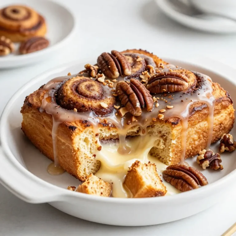 - 2 cans of refrigerated cinnamon rolls (with icing) - 6 large eggs - 1 cup milk - 1 teaspoon vanilla extract - 1 teaspoon ground cinnamon - 1/4 teaspoon nutmeg (optional) To make this bake, start with the main ingredients. The cinnamon rolls bring that sweet, warm flavor. Eggs and milk form a rich custard. Vanilla, cinnamon, and nutmeg add depth to every bite. - 1/4 cup maple syrup for sweetness - Chopped pecans or walnuts for garnish You can add maple syrup for extra sweetness. Chopped nuts make a tasty garnish. Both add fun textures and flavors to the dish. - Butter or cooking spray for greasing - 9x13 inch baking dish - Microwave for icing Use butter or cooking spray to grease your baking dish. A 9x13 inch dish works best for this recipe. When you bake, you can use the microwave to warm the icing. Just heat it for about 10-15 seconds. This makes it easy to drizzle over the baked dish. {{ingredient_image_1}} 1. Preheat your oven to 350°F (175°C). This ensures even baking. 2. Grease a 9x13 inch baking dish with butter or cooking spray. 3. Open the cans of cinnamon rolls. Cut each roll into quarters. 4. Arrange the cinnamon roll pieces evenly in the greased dish. Make sure they fit snugly. 1. In a large bowl, crack the 6 eggs. 2. Add 1 cup of milk, 1 teaspoon of vanilla extract, and 1 teaspoon of ground cinnamon. 3. If you like, add 1/4 teaspoon of nutmeg for a warm flavor. 4. Pour in 1/4 cup of maple syrup to add sweetness. 5. Whisk all the ingredients together until smooth. 6. Pour the custard evenly over the cinnamon rolls. 7. Press down gently to coat every piece. This helps the bread soak up the custard. 1. Place the dish in the preheated oven. 2. Bake for 25 to 30 minutes. The top should be golden brown. 3. Check if the center is set. You can poke it with a toothpick. If it comes out clean, it’s done. 4. While it cools for a few minutes, heat the icing from the cinnamon rolls. 5. Microwave it for about 10 to 15 seconds. This makes it easier to drizzle. 6. Drizzle the warmed icing over the baked French toast. 7. If you want, add chopped pecans or walnuts for a nice crunch. 8. Slice and serve warm with extra maple syrup if you like. - Pro tips for cutting cinnamon rolls: Use kitchen scissors to cut the cinnamon rolls. This method gives you clean cuts and prevents squishing. Cut each roll into four pieces for even baking. - Ensuring even custard distribution: After pouring the custard over the cinnamon roll pieces, press down gently. This step helps all pieces soak up the custard. Make sure each piece gets coated well for the best flavor. - Knowing when the bake is done: Look for a golden brown top. The center should feel firm yet springy. You can also insert a toothpick; it should come out clean. This shows the dish is fully cooked. - How to avoid sogginess: Don't let the custard sit too long before baking. If you wait, the cinnamon rolls absorb too much liquid, making them soggy. Bake right after mixing for the best texture. - Pairing with additional toppings: You can add fresh berries, whipped cream, or extra maple syrup. These toppings bring freshness and flavor, making your dish even tastier. - Serving sizes and recommendations: This recipe serves 8-10 people. For a small group, feel free to cut it in half. It’s perfect for brunch or a cozy family get-together! Pro Tips Use Day-Old Cinnamon Rolls: For the best texture and flavor, use cinnamon rolls that are a day old. They will absorb the custard mixture better and result in a more delicious bake. Customize Your Spices: Feel free to experiment with different spices! Adding a pinch of cardamom or ginger can elevate the flavor profile of your French toast bake. Make It Ahead: Prepare the dish the night before by assembling everything and refrigerating it overnight. Just pop it in the oven in the morning for a quick and easy breakfast. Drizzle with Extra Love: For an extra touch of sweetness, consider drizzling caramel sauce or chocolate syrup in addition to the icing before serving. {{image_2}} You can play with flavors in your Cinnamon Roll French Toast Bake. Start with different types of cinnamon rolls. Try caramel or apple cinnamon rolls for a fun twist. You can even use chocolate rolls for a sweeter treat. For more unique flavors, consider adding in pumpkin spice. Mixing in a bit of cocoa powder can also give it a rich chocolatey taste. If you need gluten-free options, use gluten-free cinnamon rolls. Many brands offer tasty rolls that work well. For a dairy-free custard, replace milk with almond milk or oat milk. Use a dairy-free cream cheese for the icing. These changes let everyone enjoy this dish, no matter their diet. Make your bake special for holidays. Add seasonal spices like nutmeg for fall or peppermint for winter. For brunch gatherings, present your dish in a lovely way. Use a nice serving platter and garnish with fresh fruit or a dusting of powdered sugar. This adds a festive touch and makes it more appealing to your guests. To keep your Cinnamon Roll French Toast Bake fresh, let it cool first. After cooling, place leftovers in an airtight container. This will help keep them moist and flavorful. You can store the bake in the fridge for about 3 to 4 days. If you have more leftovers, consider freezing them. For the best taste, I recommend reheating in the oven. Preheat your oven to 350°F (175°C). Place the leftover bake in a baking dish and cover it with foil. Heat for about 15-20 minutes until warm. You can also use a microwave for quick reheating. Just heat in short bursts of 30 seconds. This helps keep the texture soft and delicious. To freeze your Cinnamon Roll French Toast Bake, first let it cool completely. Cut it into portions and wrap each piece in plastic wrap. Place the wrapped pieces in a freezer bag or container. Make sure to remove as much air as possible. When you want to enjoy it, thaw in the fridge overnight. Reheat it in the oven or microwave as mentioned before. This method helps keep the texture nice and fluffy. Yes, you can prepare this dish the night before. To do this, follow these steps: - Cut the cinnamon rolls and place them in the greased dish. - Whisk the eggs, milk, and spices as usual. - Pour the custard over the cinnamon rolls. - Cover the dish tightly and place it in the fridge overnight. - In the morning, bake it straight from the fridge. Add a few extra minutes to baking time. If you don't have cinnamon rolls, you can use other sweet breads. Some great options include: - Brioche - Croissants - Challah - Monkey bread These will add unique flavors and textures to your bake. To make this dish more custardy, you can adjust the egg and milk ratio. Here are some tips: - Use more eggs. Try adding one or two more eggs to the mix. - Increase the milk. Add an extra half cup of milk for more liquid. - Let it soak longer. Allow the cinnamon rolls to sit in the custard for 30 minutes before baking. These changes will create a richer, creamier texture in your French toast bake. In this article, we explored how to make a delicious cinnamon roll casserole. You learned about essential ingredients, step-by-step cooking instructions, and helpful tips. We also shared variations to suit your taste and dietary needs. Now, you have the skills to impress friends and family. Enjoy creating your unique version of this treat. Your cooking will bring joy to any meal!