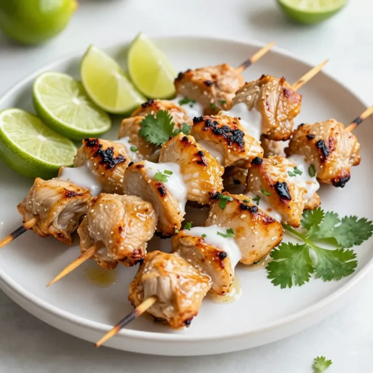 - 1 pound boneless, skinless chicken thighs - 1 cup coconut milk - Zest of 2 limes - 2 tablespoons lime juice - 2 tablespoons honey - 1 tablespoon fish sauce - Salt and pepper to taste - Wooden skewers - Grill or grill pan When I make Coconut Lime Chicken Skewers, I love the mix of flavors. The chicken thighs are juicy and soak in all the yummy coconut milk and lime. You can use boneless, skinless chicken thighs for the best results. They stay tender and moist while grilling. Coconut milk is the base of the marinade. It gives a rich, creamy taste. The lime zest and juice add a bright, fresh flavor. Honey balances the tartness with sweetness. If you want a savory kick, add fish sauce. It brings extra depth to your dish. Make sure to season your skewers with salt and pepper. This simple step enhances the overall taste. Also, use wooden skewers. Soak them in water for 30 minutes before grilling. This helps prevent burning while cooking. Gather your ingredients and tools to start this fun cooking adventure! {{ingredient_image_1}} To start, grab a bowl and mix coconut milk, lime zest, lime juice, honey, fish sauce, minced garlic, and ground ginger. You want to whisk until everything blends well. This mixture brings a bright and tropical flavor to the chicken. Next, take your chicken thighs, cut them into 1-inch cubes, and add them to the bowl with the marinade. Make sure each piece is covered nicely. Cover the bowl with plastic wrap and refrigerate for at least 1 hour. If you have more time, letting it sit for up to 4 hours will deepen the flavors. Now it's time to fire up the grill! Preheat it to medium-high heat. While the grill heats, thread the marinated chicken onto wooden skewers. Leave some space between each piece for even cooking. Season the skewers with salt and pepper for extra flavor. Grill the skewers for 10 to 15 minutes, turning them occasionally. Check that the chicken reaches an internal temperature of 165°F (75°C). This ensures it's fully cooked and safe to eat. Once done, remove the skewers from the grill and let them rest a few minutes before serving. Enjoy the juicy and flavorful bites! To get the best flavor, marinate the chicken for at least 1 hour. For even more taste, you can let it soak for up to 4 hours. This time helps the chicken soak up the coconut and lime flavors. To avoid tough chicken, always use boneless, skinless chicken thighs. They stay juicy and tender when cooked. Make sure to coat each piece well in the marinade. This step helps the chicken absorb all those great flavors. For even cooking, leave a little space between each piece on the skewers. This allows the heat to circulate better. Turn the skewers every few minutes for even grill marks. To prevent sticking, make sure to oil your grill grates before cooking. You can use a paper towel dipped in oil on the grill. This step keeps the skewers from sticking and makes cleanup easier. Garnish your skewers with fresh lime wedges and chopped cilantro. This adds a bright touch to the dish. You can also use sliced cucumbers or a sprinkle of sesame seeds for extra flair. For sides, consider serving coconut rice or a refreshing cucumber salad. These dishes will enhance the flavors and create a full meal. Pro Tips Marinating Time: For the best flavor, marinate the chicken for at least 4 hours. This allows the marinade to penetrate the meat more deeply. Soak Skewers: Always soak wooden skewers in water for at least 30 minutes before grilling to prevent them from burning on the grill. Grill Temperature: Ensure your grill is at medium-high heat before placing the skewers on it. This helps achieve those beautiful grill marks and a juicy interior. Resting Period: Let the chicken skewers rest for a few minutes after grilling. This helps the juices redistribute, making the chicken more tender and flavorful. {{image_2}} You can switch the protein in this recipe. Shrimp works well and cooks quickly. Tofu is a great choice for a plant-based option. Both will soak up the coconut lime marinade nicely. For a dairy-free option, simply skip the fish sauce. You can replace it with more lime juice or soy sauce for extra flavor. This keeps the dish light and tasty. To add some heat, try mixing in chili powder or red pepper flakes. This will give your skewers a nice kick. If you prefer fresh herbs, add chopped cilantro or mint. These herbs brighten the dish and add depth. You can also use lime zest in your garnish. It adds a burst of flavor right before you take a bite. If grilling isn't an option, you can bake or broil the skewers. Preheat your oven to 400°F (200°C) and place them on a baking sheet. Bake for about 15-20 minutes, turning halfway through. For a healthier version, use an air fryer. Set it to 375°F (190°C) and cook for about 10-12 minutes. This method keeps the chicken juicy and reduces the need for added oil. To store grilled skewers in the fridge, let them cool first. Place the skewers in an airtight container. You can also wrap them tightly in plastic wrap. This helps keep the chicken fresh. They should stay good for 3 to 4 days. If you want to freeze them, wrap each skewer in foil or freezer bags. This prevents freezer burn. They can last up to 3 months in the freezer. When ready to eat, just thaw them in the fridge overnight. You can reheat the skewers on the grill or in the microwave. Grilling gives them a nice char. Just heat them on low for a few minutes. This keeps the flavor and juiciness. If using the microwave, place them on a plate. Cover with a damp paper towel. Heat in short bursts, about 30 seconds at a time. This helps keep them moist. In the fridge, your coconut lime chicken skewers last about 3 to 4 days. If you freeze them, they can stay fresh for up to 3 months. Always check for any off smells or changes in color before eating leftovers. I recommend marinating the chicken for at least 1 hour. This gives the meat time to soak up all the coconut and lime flavors. For the best taste, try to marinate for up to 4 hours. The longer the chicken sits in the marinade, the more juicy and flavorful it becomes. Just remember to keep it in the fridge while it marinates. Yes, you can use chicken breasts if you prefer. However, chicken thighs have more fat, which keeps them juicy. Breasts may dry out quicker on the grill. If you use breasts, watch the cooking time closely. They may need less time than thighs to reach a safe internal temperature of 165°F (75°C). These skewers pair wonderfully with a few side dishes. Here are some ideas: - Coconut rice for a tropical twist. - A simple cucumber salad for a fresh crunch. - Grilled veggies for some color on the plate. - Cold drinks like iced tea or a fruity cocktail to cool off. These sides bring out the flavors in the skewers and make for a complete meal. Enjoy! In this blog post, we explored how to make delicious coconut lime chicken skewers. You learned about the main ingredients, marinating techniques, and grilling tips. We also discussed variations, storage, and how to serve these skewers for maximum enjoyment. In conclusion, these skewers are easy to make and bursting with flavor. Whether you stick to the recipe or get creative, you'll impress everyone at your table. Enjoy grilling!