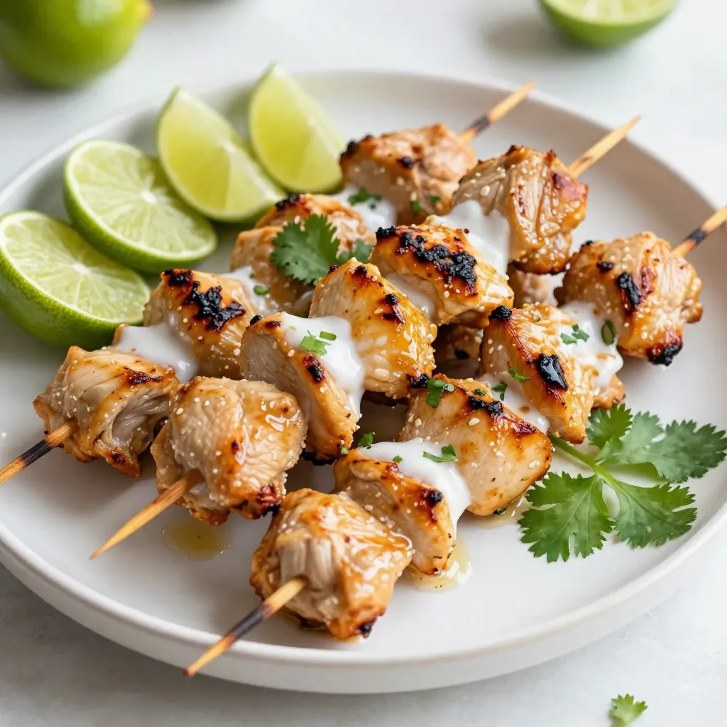 - 1 pound boneless, skinless chicken thighs - 1 cup coconut milk - Zest of 2 limes - 2 tablespoons lime juice - 2 tablespoons honey - 1 tablespoon fish sauce - Salt and pepper to taste - Wooden skewers - Grill or grill pan When I make Coconut Lime Chicken Skewers, I love the mix of flavors. The chicken thighs are juicy and soak in all the yummy coconut milk and lime. You can use boneless, skinless chicken thighs for the best results. They stay tender and moist while grilling. Coconut milk is the base of the marinade. It gives a rich, creamy taste. The lime zest and juice add a bright, fresh flavor. Honey balances the tartness with sweetness. If you want a savory kick, add fish sauce. It brings extra depth to your dish. Make sure to season your skewers with salt and pepper. This simple step enhances the overall taste. Also, use wooden skewers. Soak them in water for 30 minutes before grilling. This helps prevent burning while cooking. Gather your ingredients and tools to start this fun cooking adventure! {{ingredient_image_1}} To start, grab a bowl and mix coconut milk, lime zest, lime juice, honey, fish sauce, minced garlic, and ground ginger. You want to whisk until everything blends well. This mixture brings a bright and tropical flavor to the chicken. Next, take your chicken thighs, cut them into 1-inch cubes, and add them to the bowl with the marinade. Make sure each piece is covered nicely. Cover the bowl with plastic wrap and refrigerate for at least 1 hour. If you have more time, letting it sit for up to 4 hours will deepen the flavors. Now it's time to fire up the grill! Preheat it to medium-high heat. While the grill heats, thread the marinated chicken onto wooden skewers. Leave some space between each piece for even cooking. Season the skewers with salt and pepper for extra flavor. Grill the skewers for 10 to 15 minutes, turning them occasionally. Check that the chicken reaches an internal temperature of 165°F (75°C). This ensures it's fully cooked and safe to eat. Once done, remove the skewers from the grill and let them rest a few minutes before serving. Enjoy the juicy and flavorful bites! To get the best flavor, marinate the chicken for at least 1 hour. For even more taste, you can let it soak for up to 4 hours. This time helps the chicken soak up the coconut and lime flavors. To avoid tough chicken, always use boneless, skinless chicken thighs. They stay juicy and tender when cooked. Make sure to coat each piece well in the marinade. This step helps the chicken absorb all those great flavors. For even cooking, leave a little space between each piece on the skewers. This allows the heat to circulate better. Turn the skewers every few minutes for even grill marks. To prevent sticking, make sure to oil your grill grates before cooking. You can use a paper towel dipped in oil on the grill. This step keeps the skewers from sticking and makes cleanup easier. Garnish your skewers with fresh lime wedges and chopped cilantro. This adds a bright touch to the dish. You can also use sliced cucumbers or a sprinkle of sesame seeds for extra flair. For sides, consider serving coconut rice or a refreshing cucumber salad. These dishes will enhance the flavors and create a full meal. Pro Tips Marinating Time: For the best flavor, marinate the chicken for at least 4 hours. This allows the marinade to penetrate the meat more deeply. Soak Skewers: Always soak wooden skewers in water for at least 30 minutes before grilling to prevent them from burning on the grill. Grill Temperature: Ensure your grill is at medium-high heat before placing the skewers on it. This helps achieve those beautiful grill marks and a juicy interior. Resting Period: Let the chicken skewers rest for a few minutes after grilling. This helps the juices redistribute, making the chicken more tender and flavorful. {{image_2}} You can switch the protein in this recipe. Shrimp works well and cooks quickly. Tofu is a great choice for a plant-based option. Both will soak up the coconut lime marinade nicely. For a dairy-free option, simply skip the fish sauce. You can replace it with more lime juice or soy sauce for extra flavor. This keeps the dish light and tasty. To add some heat, try mixing in chili powder or red pepper flakes. This will give your skewers a nice kick. If you prefer fresh herbs, add chopped cilantro or mint. These herbs brighten the dish and add depth. You can also use lime zest in your garnish. It adds a burst of flavor right before you take a bite. If grilling isn't an option, you can bake or broil the skewers. Preheat your oven to 400°F (200°C) and place them on a baking sheet. Bake for about 15-20 minutes, turning halfway through. For a healthier version, use an air fryer. Set it to 375°F (190°C) and cook for about 10-12 minutes. This method keeps the chicken juicy and reduces the need for added oil. To store grilled skewers in the fridge, let them cool first. Place the skewers in an airtight container. You can also wrap them tightly in plastic wrap. This helps keep the chicken fresh. They should stay good for 3 to 4 days. If you want to freeze them, wrap each skewer in foil or freezer bags. This prevents freezer burn. They can last up to 3 months in the freezer. When ready to eat, just thaw them in the fridge overnight. You can reheat the skewers on the grill or in the microwave. Grilling gives them a nice char. Just heat them on low for a few minutes. This keeps the flavor and juiciness. If using the microwave, place them on a plate. Cover with a damp paper towel. Heat in short bursts, about 30 seconds at a time. This helps keep them moist. In the fridge, your coconut lime chicken skewers last about 3 to 4 days. If you freeze them, they can stay fresh for up to 3 months. Always check for any off smells or changes in color before eating leftovers. I recommend marinating the chicken for at least 1 hour. This gives the meat time to soak up all the coconut and lime flavors. For the best taste, try to marinate for up to 4 hours. The longer the chicken sits in the marinade, the more juicy and flavorful it becomes. Just remember to keep it in the fridge while it marinates. Yes, you can use chicken breasts if you prefer. However, chicken thighs have more fat, which keeps them juicy. Breasts may dry out quicker on the grill. If you use breasts, watch the cooking time closely. They may need less time than thighs to reach a safe internal temperature of 165°F (75°C). These skewers pair wonderfully with a few side dishes. Here are some ideas: - Coconut rice for a tropical twist. - A simple cucumber salad for a fresh crunch. - Grilled veggies for some color on the plate. - Cold drinks like iced tea or a fruity cocktail to cool off. These sides bring out the flavors in the skewers and make for a complete meal. Enjoy! In this blog post, we explored how to make delicious coconut lime chicken skewers. You learned about the main ingredients, marinating techniques, and grilling tips. We also discussed variations, storage, and how to serve these skewers for maximum enjoyment. In conclusion, these skewers are easy to make and bursting with flavor. Whether you stick to the recipe or get creative, you'll impress everyone at your table. Enjoy grilling!
